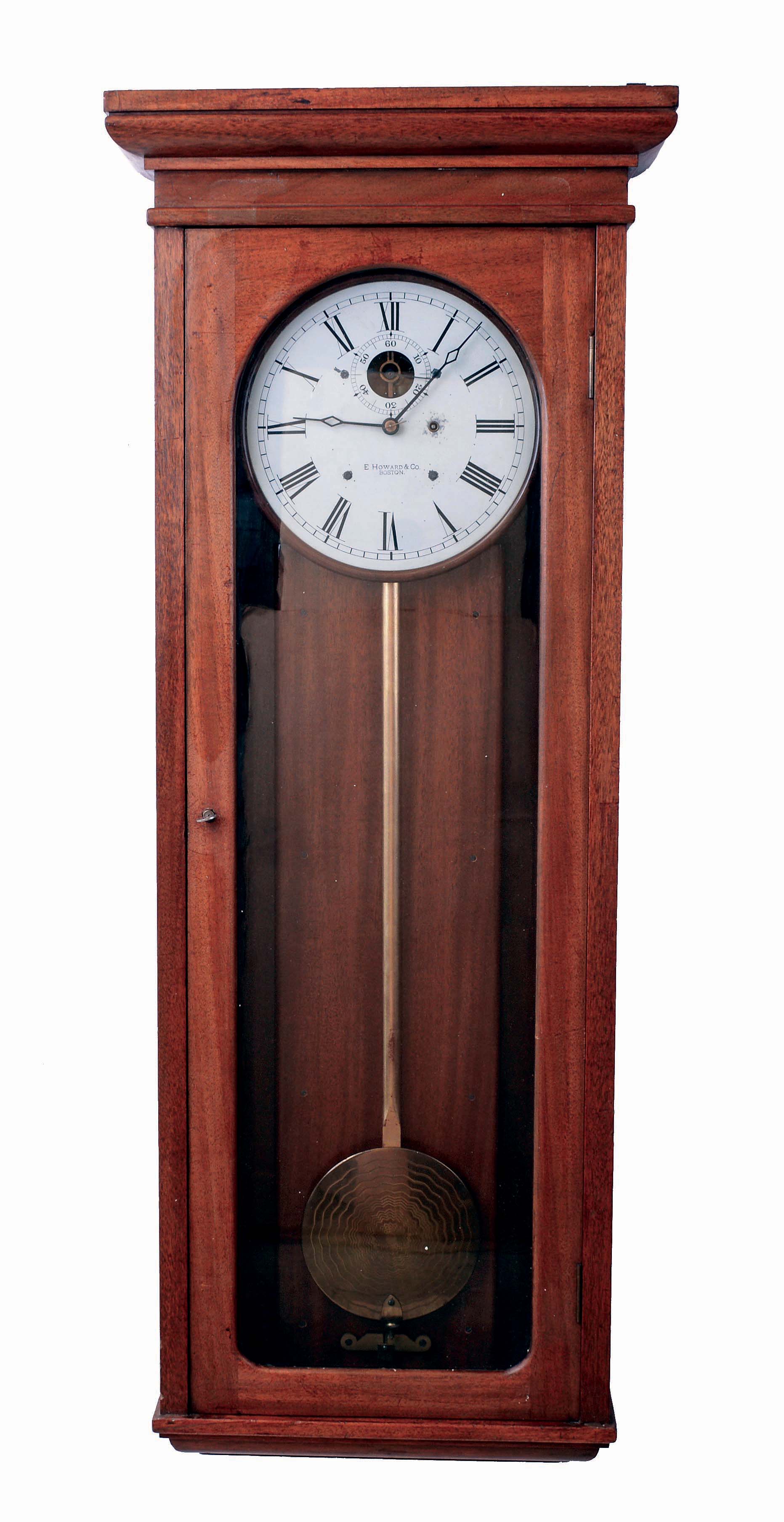 E. Howard &amp; Co., Boston, Mass., "No. 89 Regulator", wall clock, 8 days, time only, weight driven movement in a walnut case with a painted metal dial, c1913 — Antique Clocks Price Guide