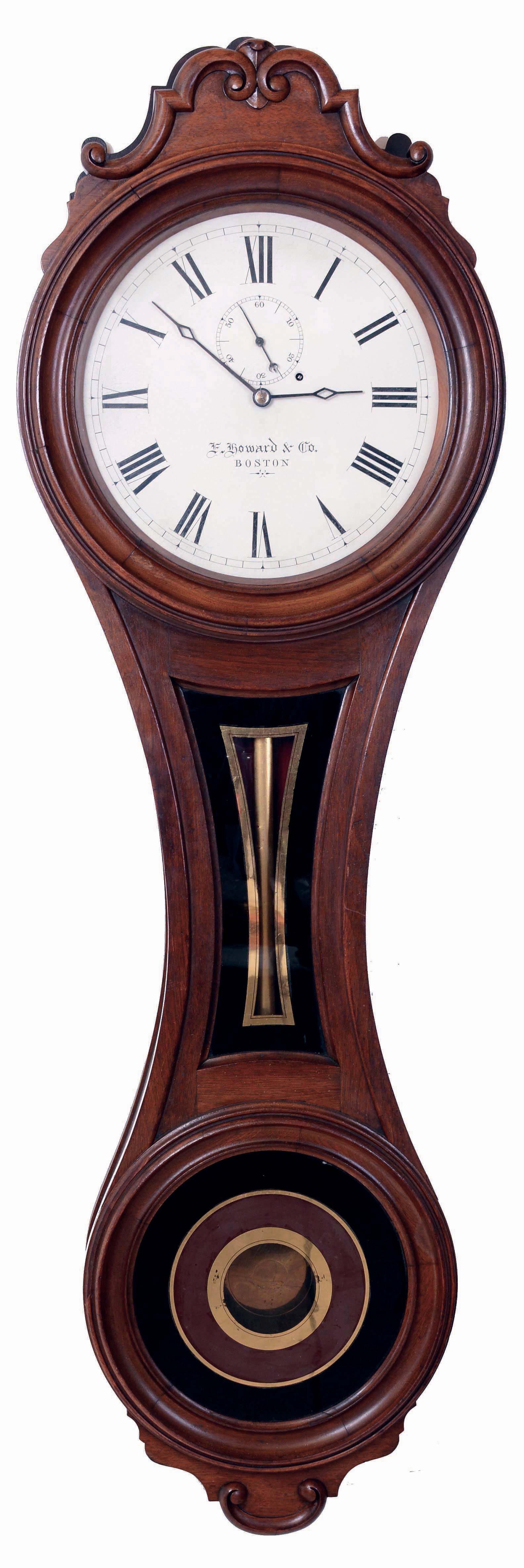 E. Howard &amp; Co., Boston, Mass., "No. 6 Regulator", figure "8" wall clock in walnut, with full length meter pendulum, and seconds hand, c1890. — Antique Clocks Price Guide