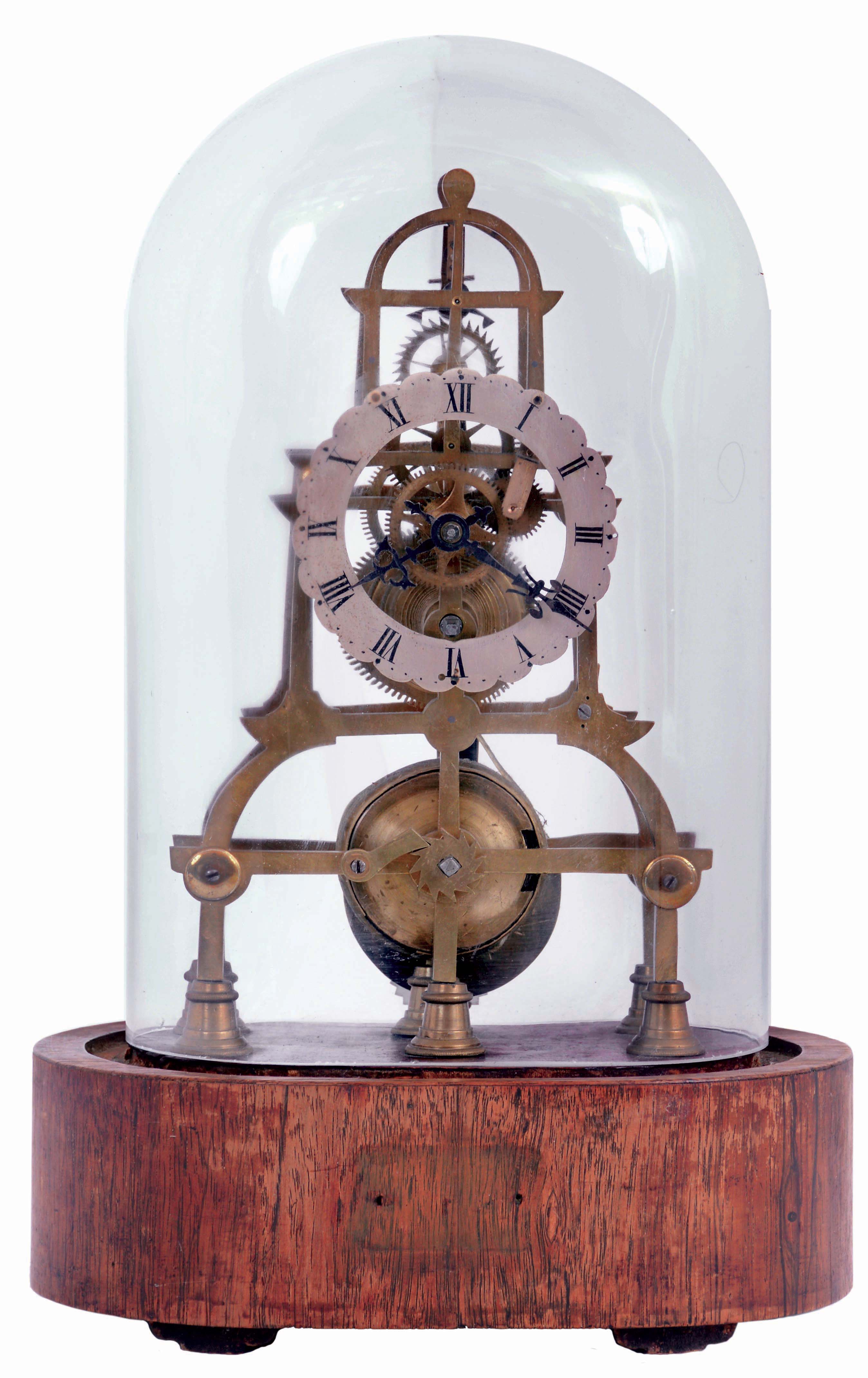 English, single fusee skeleton clock, in a rafter frame, with scalloped &amp; silvered brass dial, with a glass dome, c1890 — Antique Clocks Price Guide