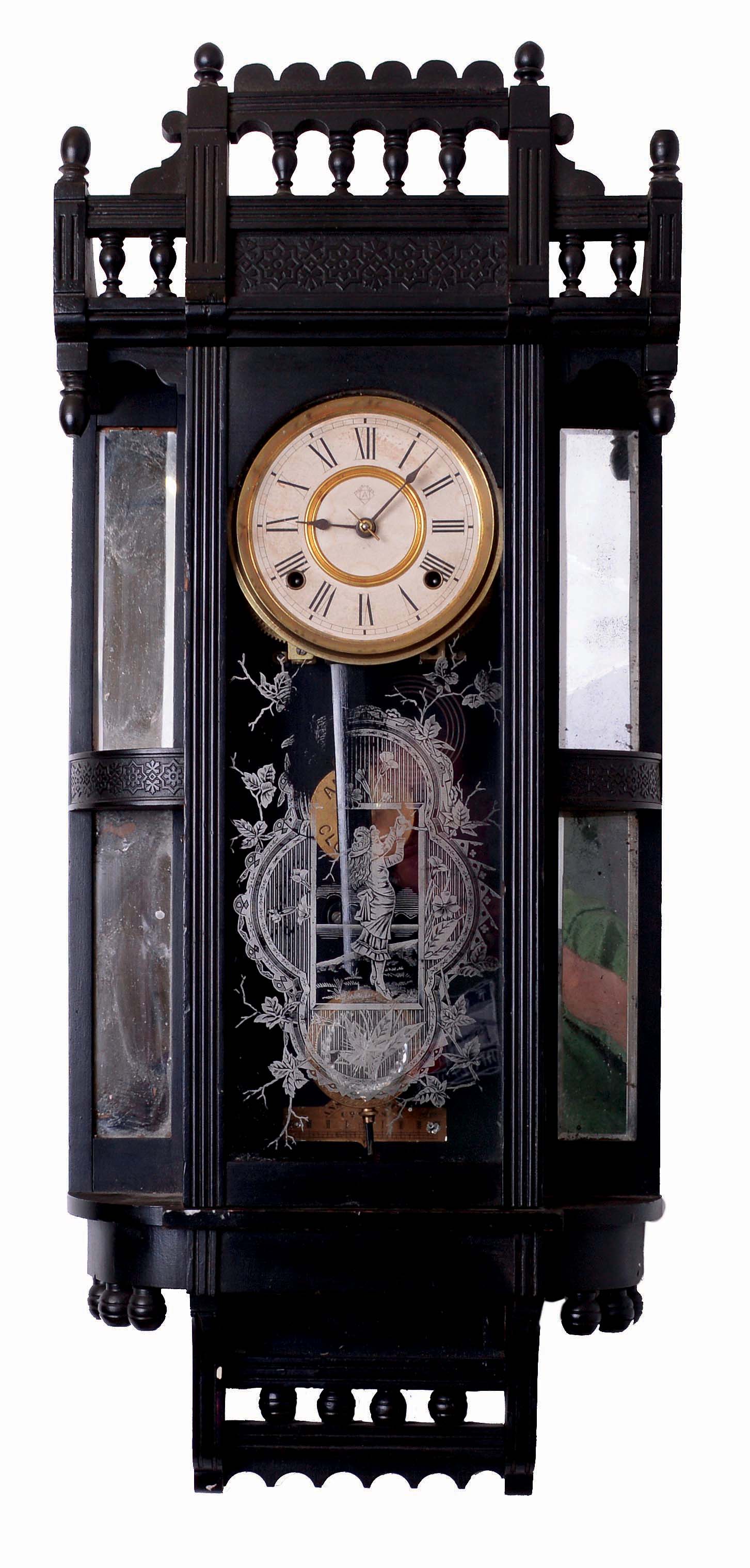 Ansonia Clock Co., New York, NY "Reflector" wall clock in an ebony finished case with a spring driven, 8 days, time &amp; strike movement, c1886. — Antique Clocks Price Guide