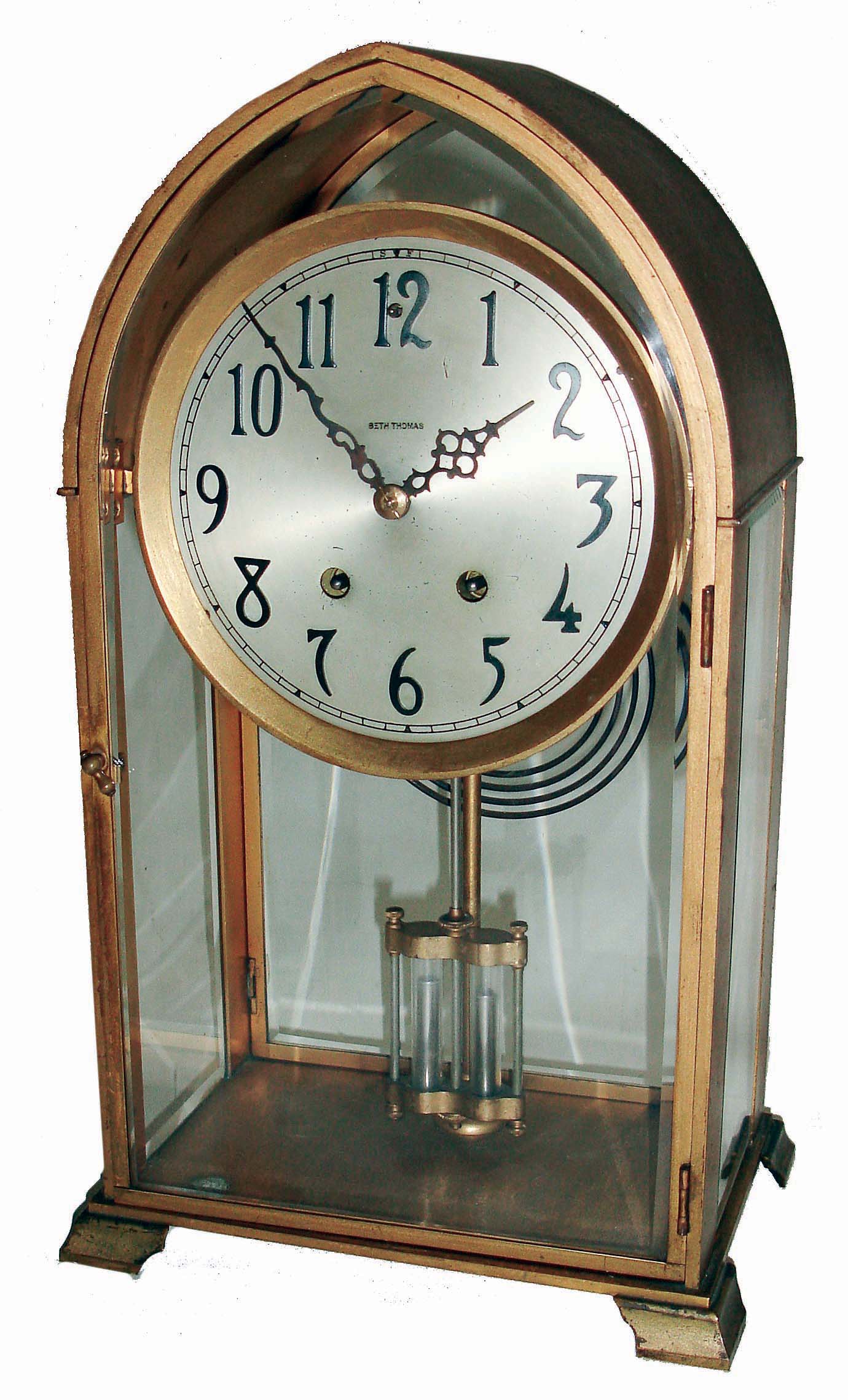 Seth Thomas Clock Co., Thomaston, Conn., "Crystal Gothic No. 2" brass and beveled glass, 8 days, time and strike, crystal regulator mantel clock, c1913 — Antique Clocks Price Guide