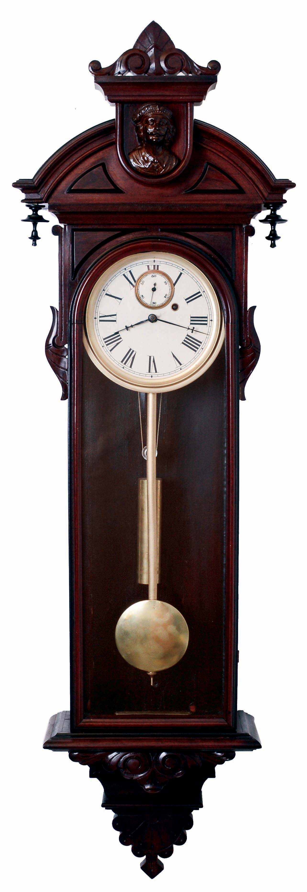 Wm. L. Gilbert Clock Co., Winsted, Conn., "REGULATOR No. 4", in a walnut case, Roman numeral dial with a seconds bit, weight driven wall timepiece, c1890, with restorations. — Antique Clocks Price Guide