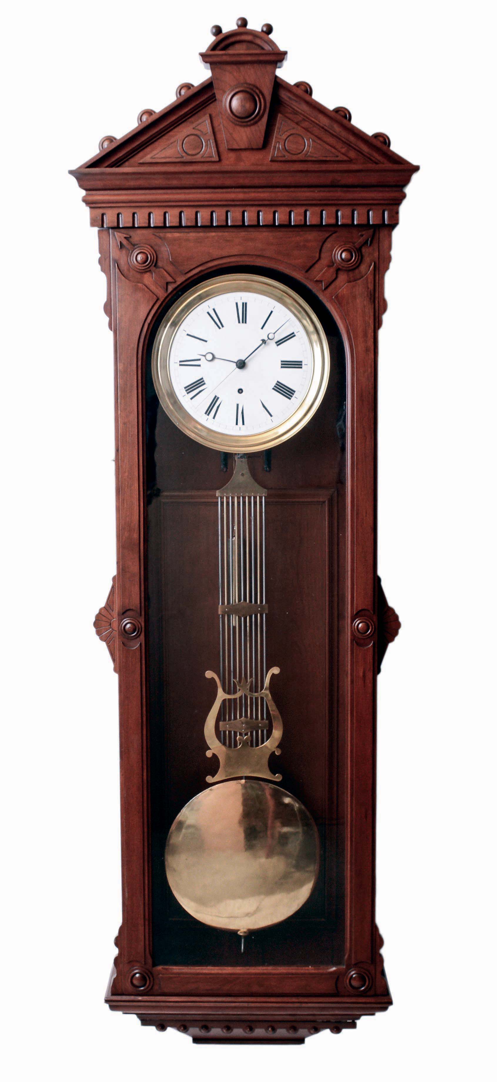 Large American Jeweler's Regulator wall clock, 8 days, time only, weight driven Swiss movement with pinwheel escapement and gridiron lyre pendulum in a cherry case with white enamel dial, c1900 — Antique Clocks Price Guide