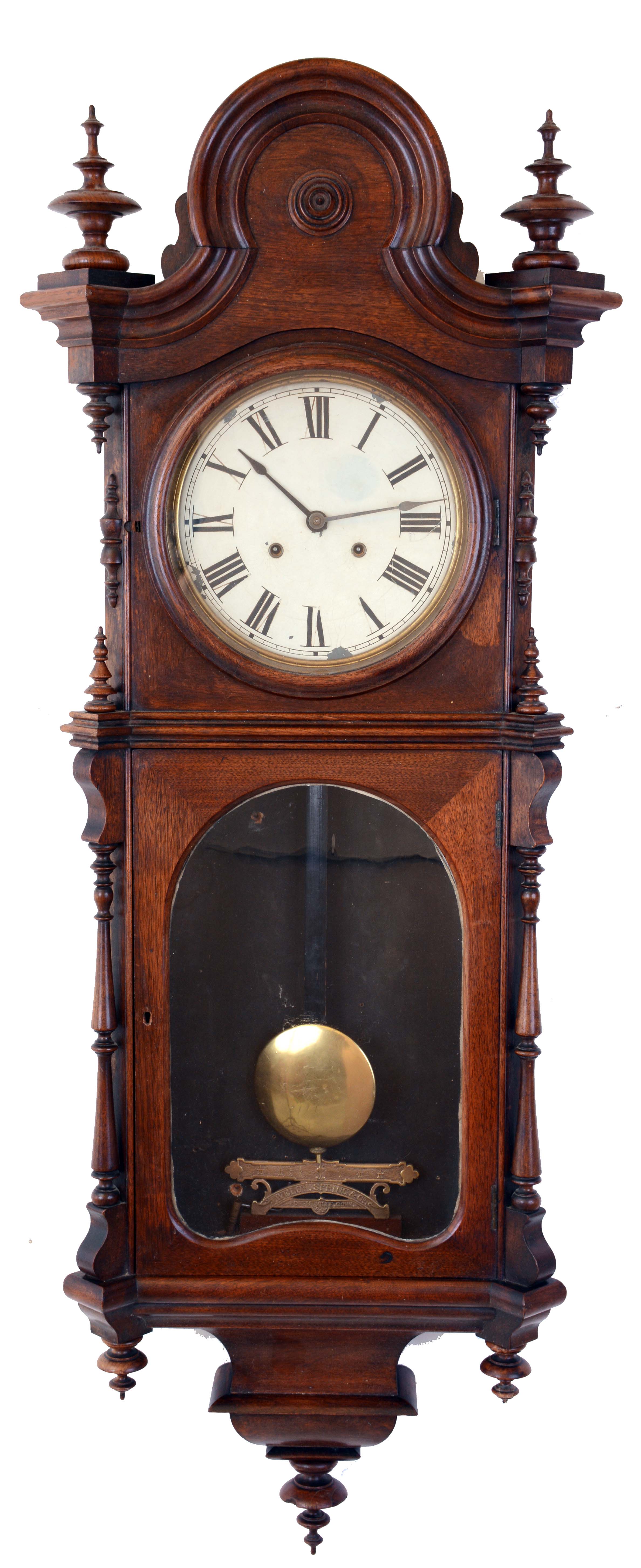 Welch, Spring &amp; Co., Forestville, Conn., "Regulator No. 5", 8 days, double wind weight driven brass movement wall timepiece, c1874 — Antique Clocks Price Guide