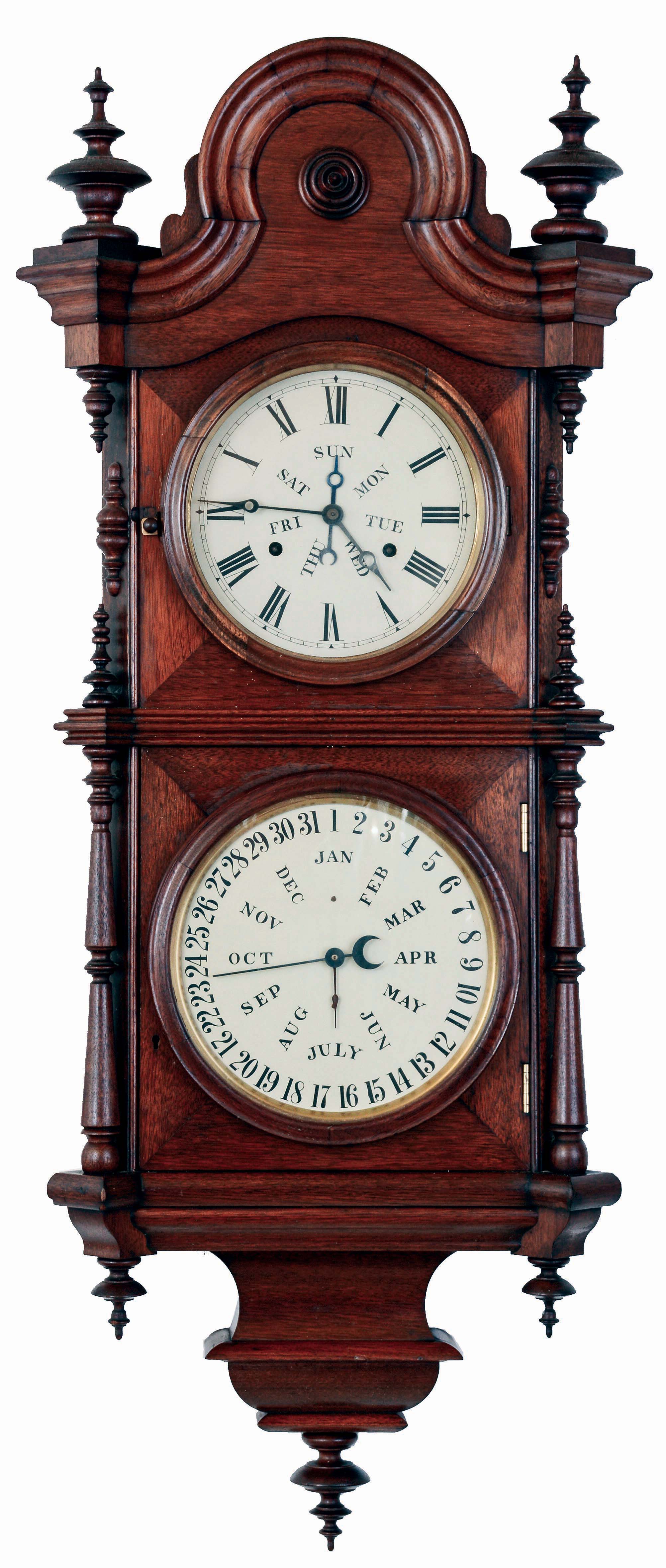 Welch, Spring &amp; Co., Forestville, Conn., "Regulator Calendar No. 5 B.W." 30 day, double spring brass movement double dial wall calendar, c1878 — Antique Clocks Price Guide