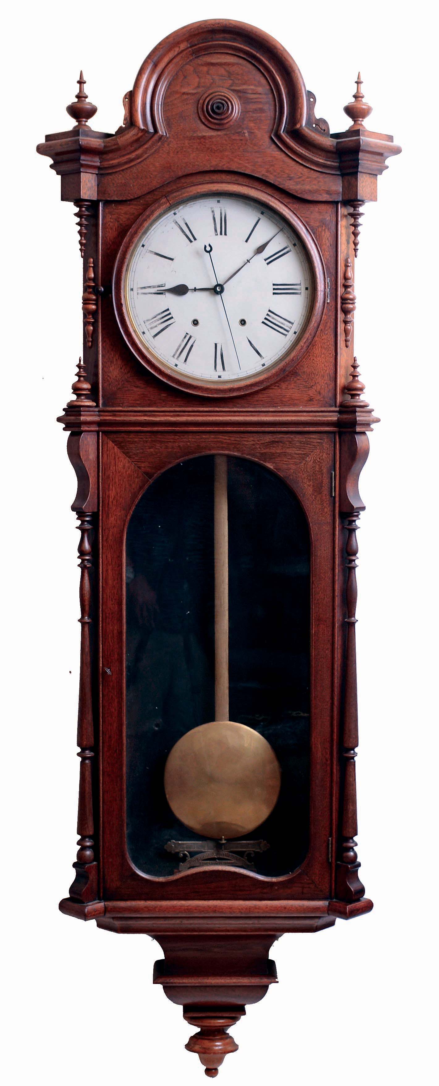 Welch, Spring, &amp; Co., Forestville, Conn., "Regulator No. 1" wall clock, 8 days, time only double brass weight driven movement in a walnut case with a painted metal dial and black flocked backboard, c1880 — Antique Clocks Price Guide