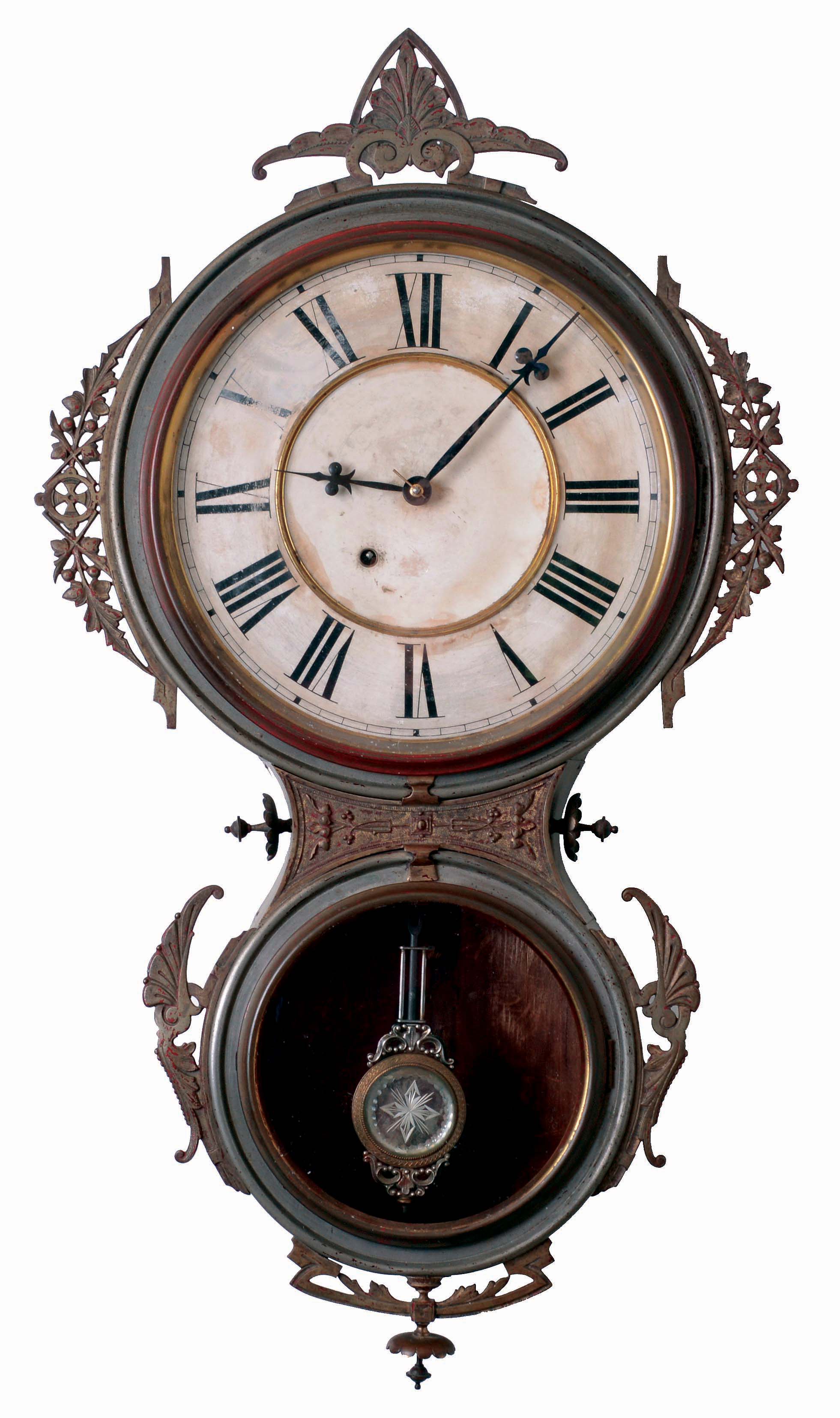 Ansonia Clock Co., New York, NY, "Brooklyn", wall clock, 8 days, time only, spring driven movement in a nickel and gilded metal case with a papered metal dial, c1890 — Antique Clocks Price Guide