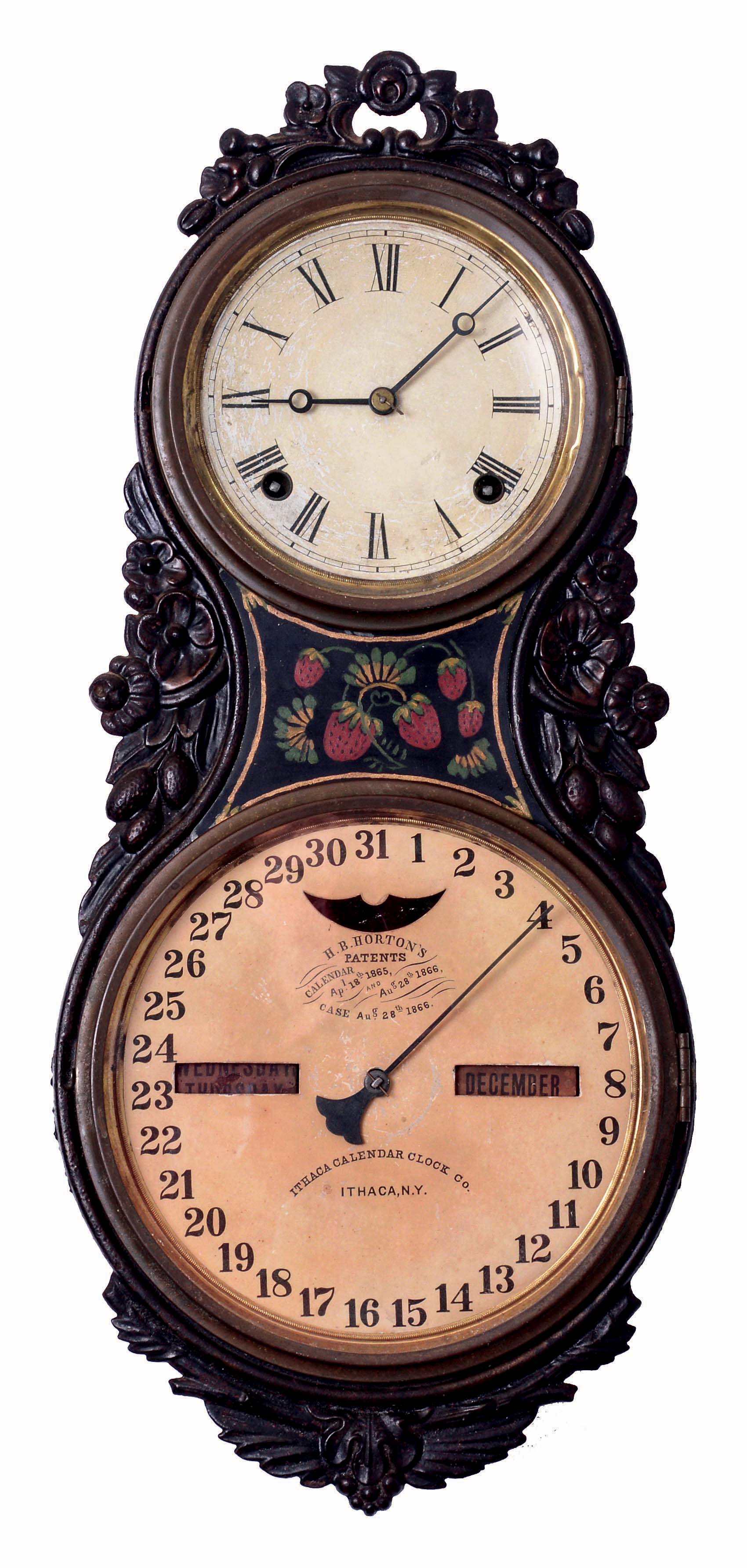 Ithaca Calendar Clock Co., Ithaca, NY, "Large Iron Case" wall clock, 30 days, time and perpetual calendar, spring driven Hubbell movement in a painted cast iron case with papered metal dials, c1866 — Antique Clocks Price Guide
