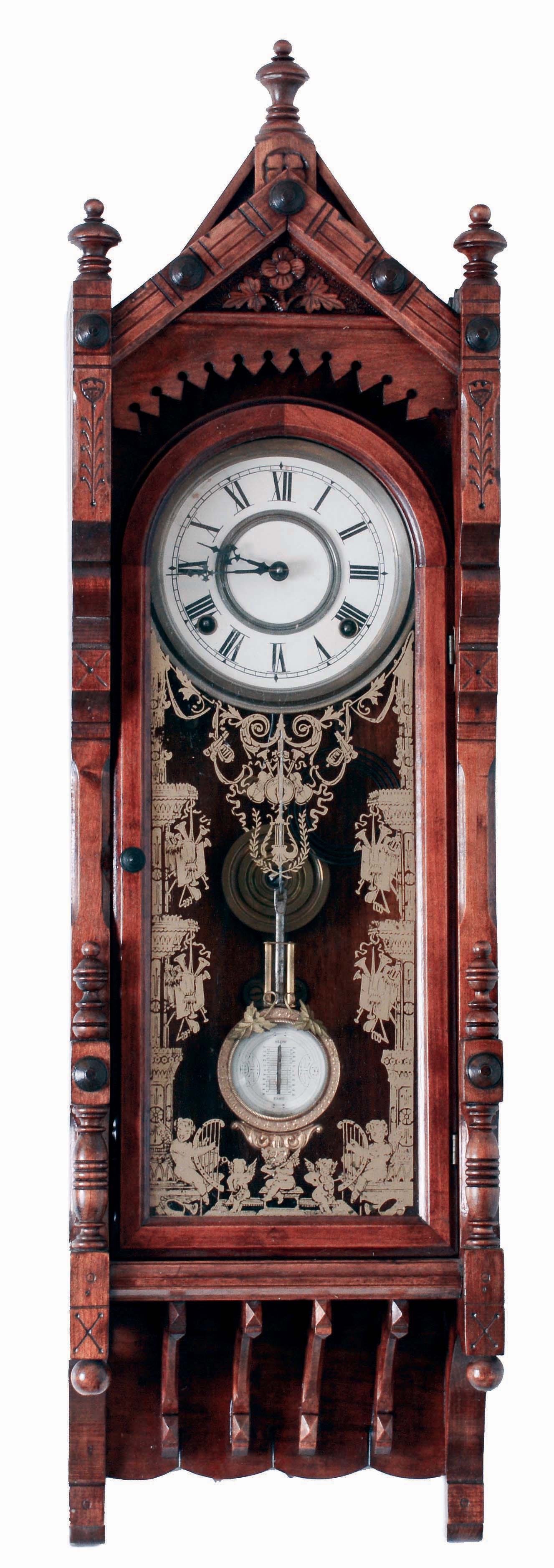 F. Kroeber &amp; Co., New York, NY, "Regulator No. 46" wall clock, 8 days, time and strike, spring driven movement with fancy beveled glass pendulum in an ash case with a papered metal dial, silk screened lower glass, c1884 — Antique Clocks Price Guide