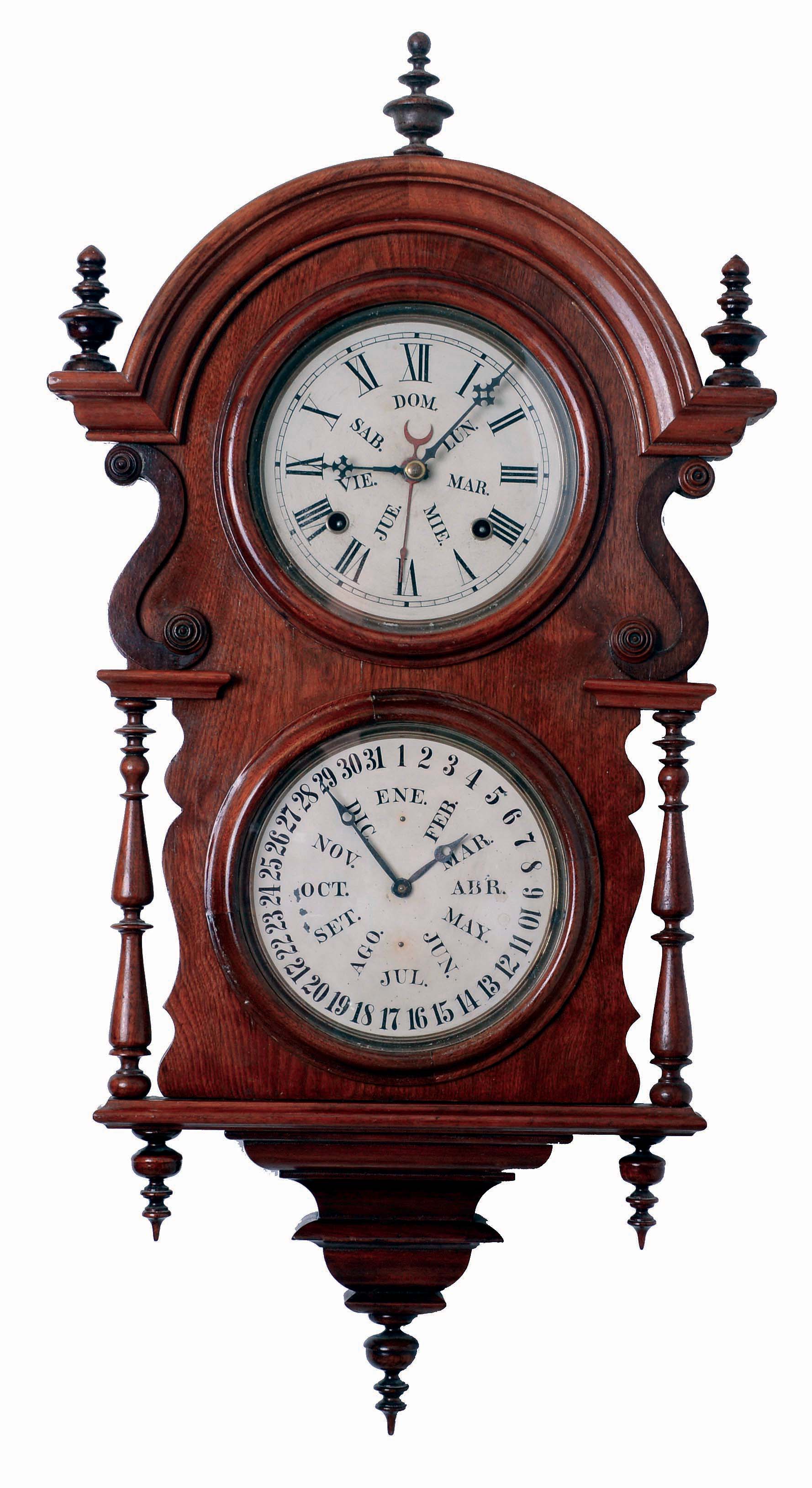 Welch, Spring, &amp; Co., Bristol, Conn., "Hanging Wagner", wall clock, 8 days, time and B.B. Lewis calendar, spring driven movement in a walnut case with a painted metal dial, c1878. — Antique Clocks Price Guide