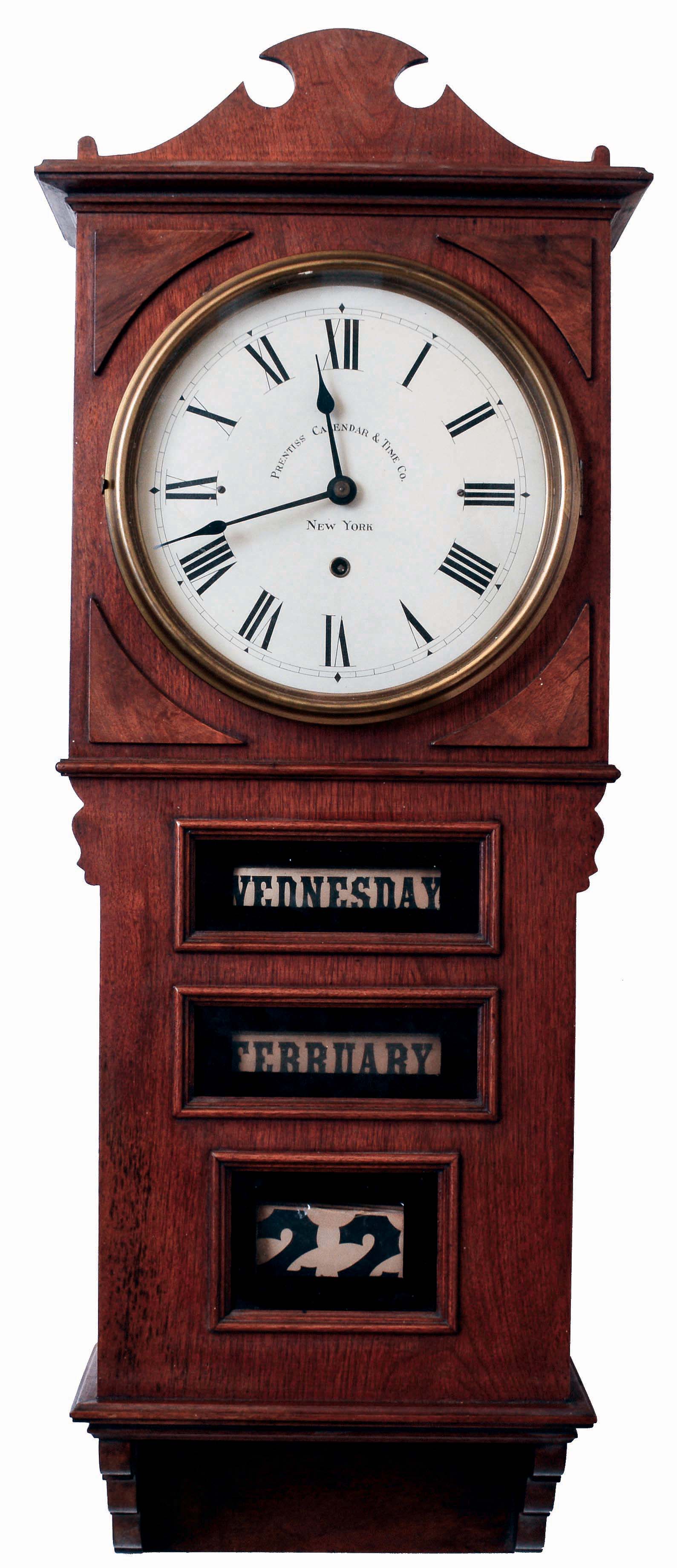 Prentiss Improvement Clock Co., New York, EMPIRE model calendar 60 day, spring driven timepiece, with "Thrasher" style calendar mechanism, c1898. — Antique Clocks Price Guide