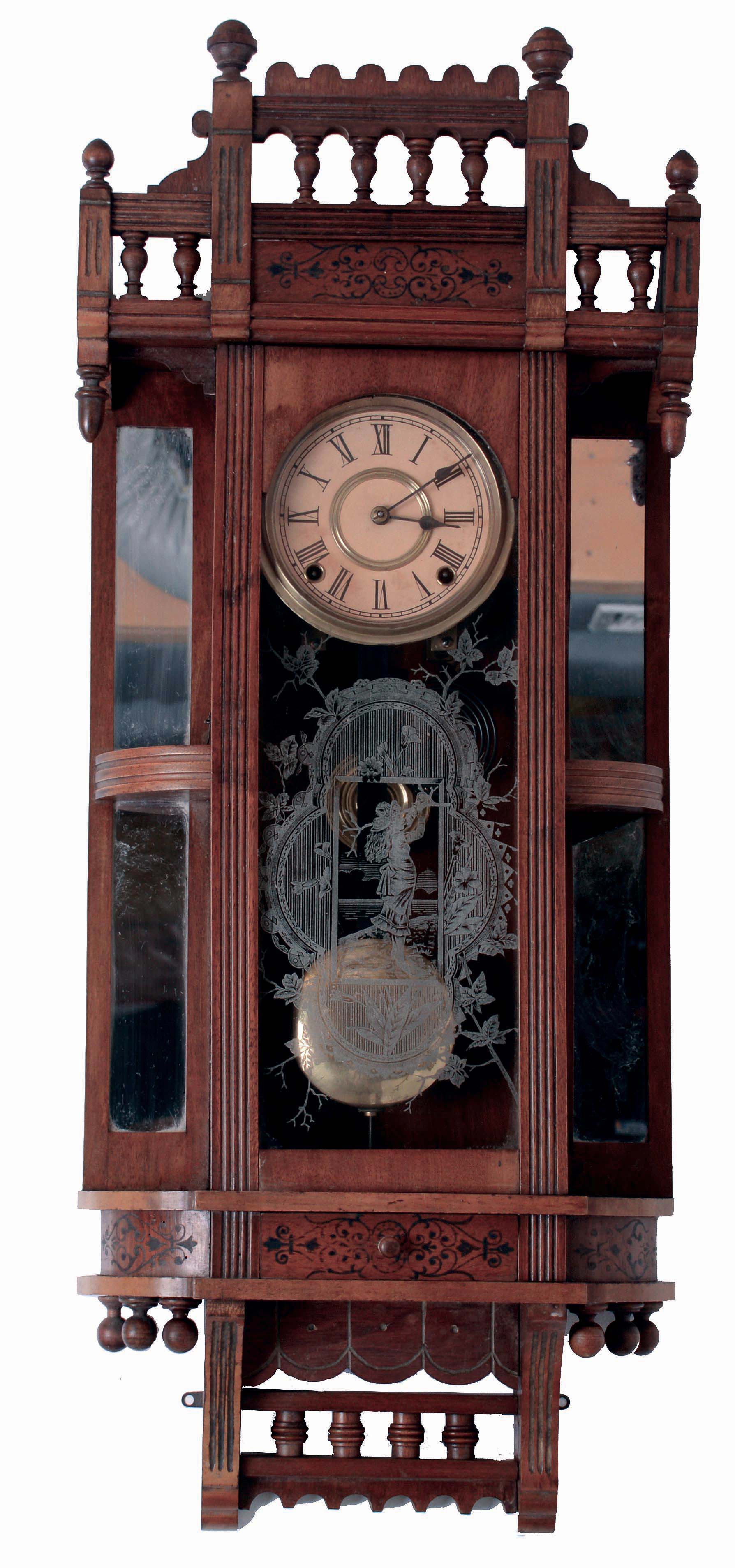 Ansonia Clock Co., New York, NY, "Reflector" wall clock in a mahogany case with a spring driven, 8 days, time and hour/half-hour strike movement, c1886. — Antique Clocks Price Guide