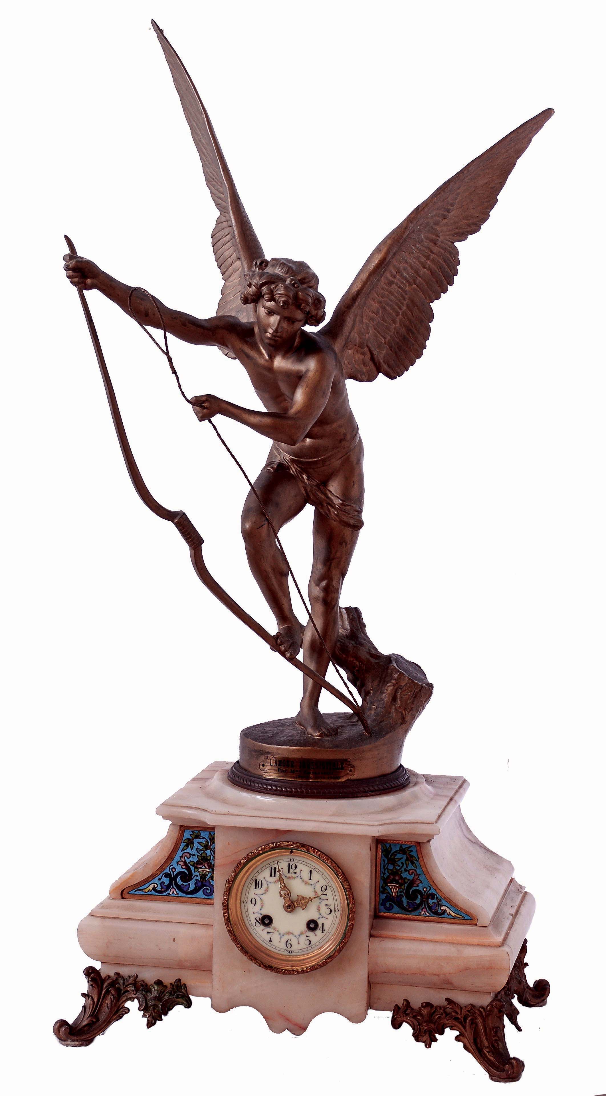 French figural mantel clock, cast spelter winged figure signed Mare Cassavetti on onyx and cast brass base with enameled plates, 8 days, time and strike, unsigned movement with count wheel and bell striking, c1890 — Antique Clocks Price Guide