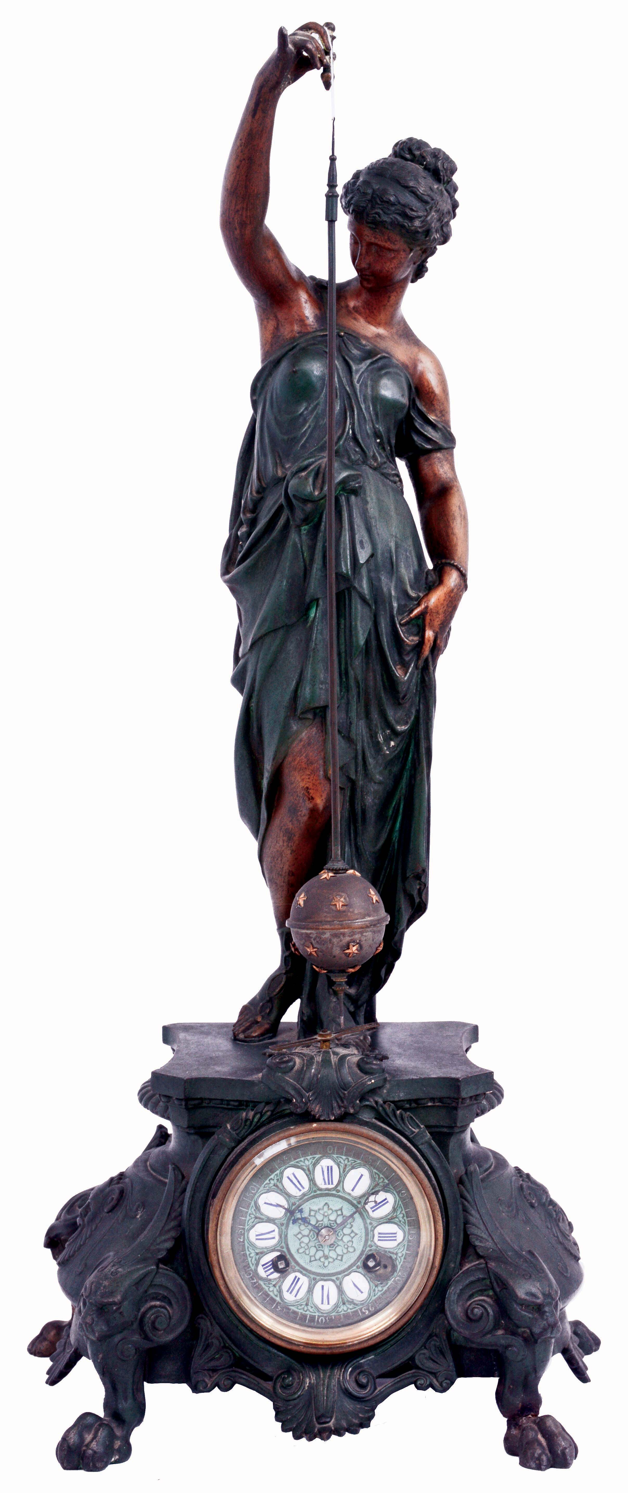 French, Conical Pendulum Clock, a patinated / painted metal case, with the lady's outstretched arm holding a string from which is suspended the pendulum, driven in a circle by the small arm above the movement. The path followed by the rotating pendulum forms the shape of a cone, hence "conical", c1900, as found with restorations. — Antique Clocks Price Guide