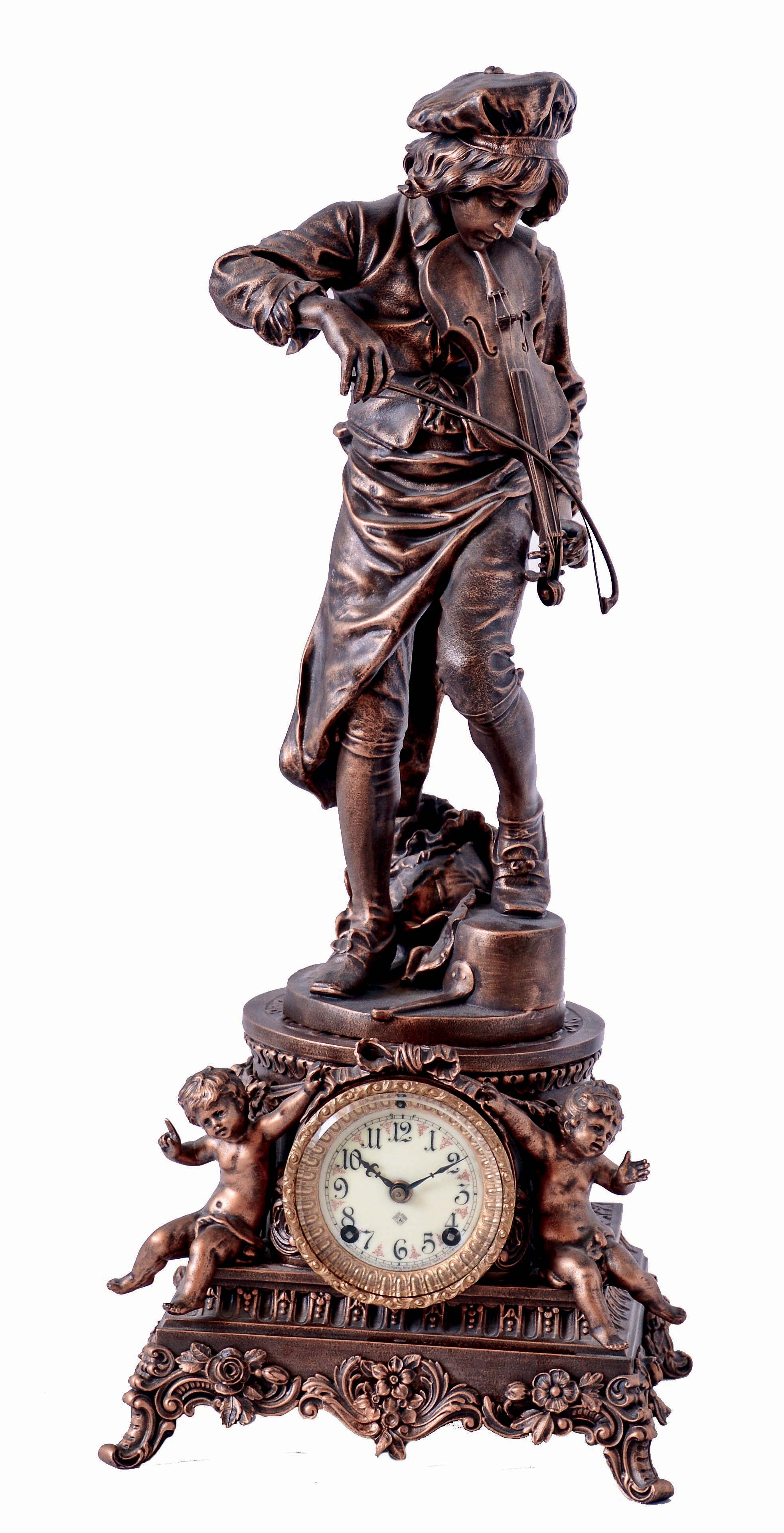 Ansonia Clock Co., New York, NY, "Sibyl" base and "Melody" figure bronzed spelter, 8 days, time and strike mantel clock, c1904 — Antique Clocks Price Guide