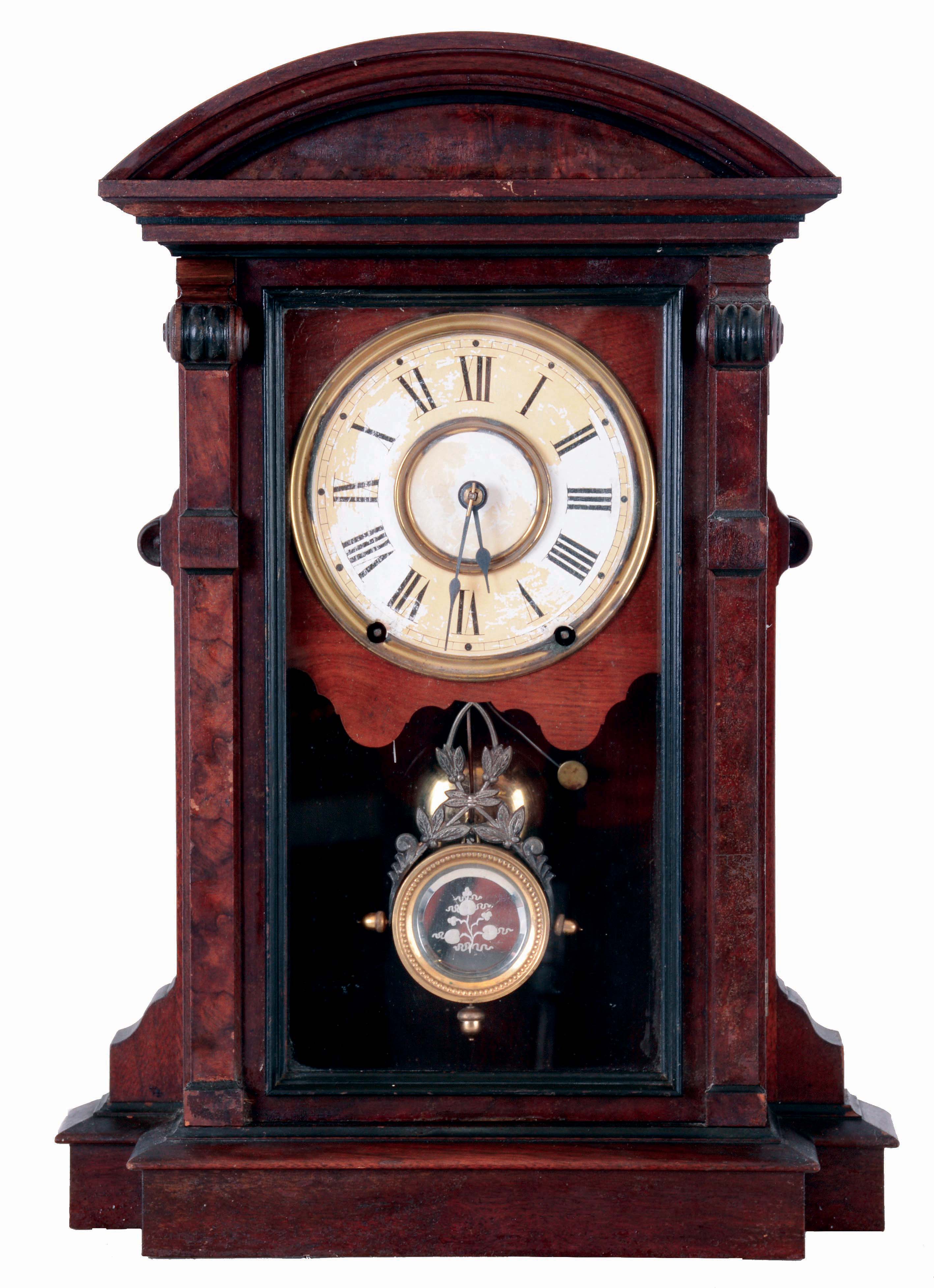 Seth Thomas Clock Co., Thomaston, Conn., "St. Paul", walnut veneered mantel clock with a spring driven, 8 days, time and strike movement., ca 1886. — Antique Clocks Price Guide