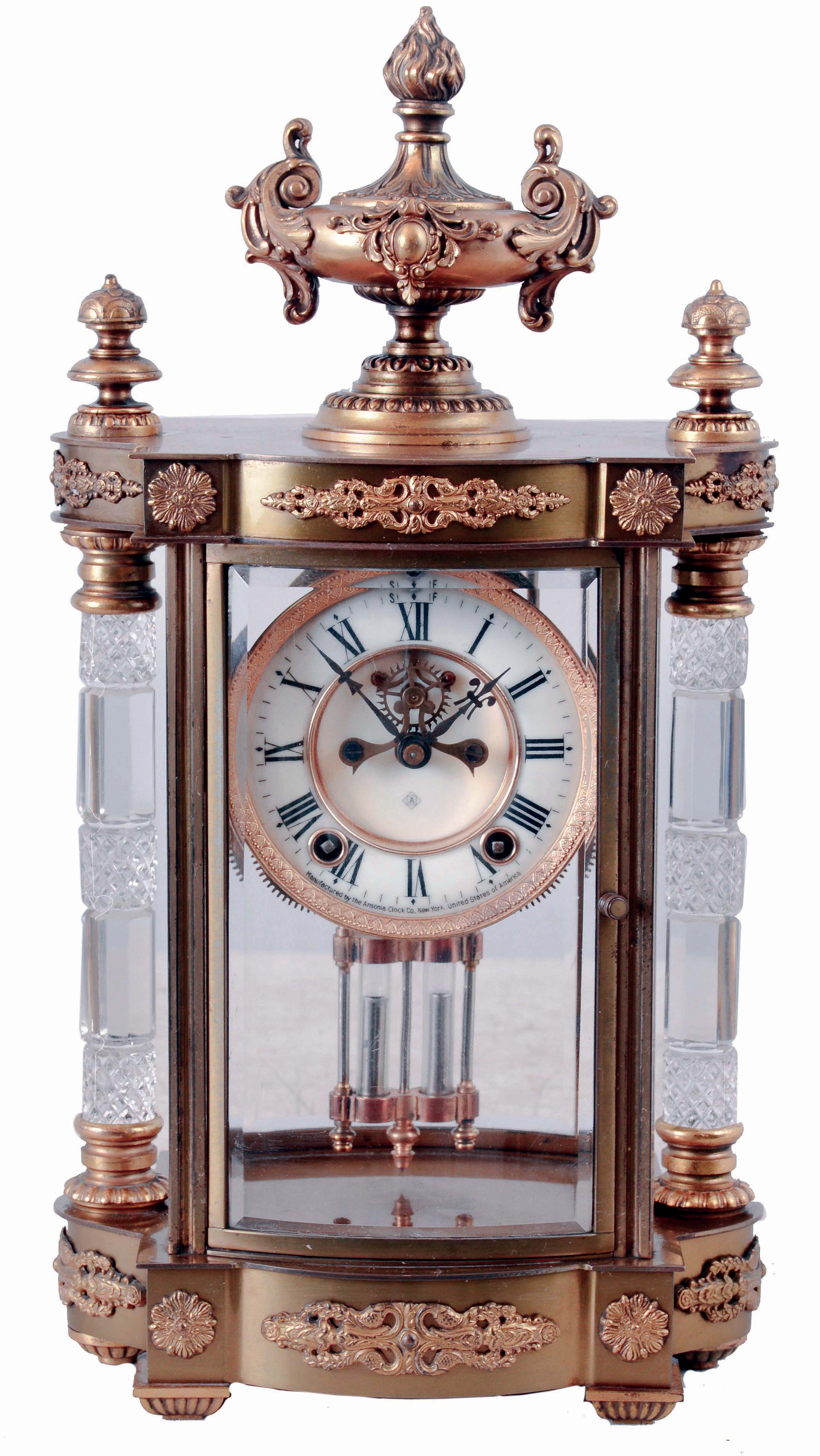 Ansonia Clock Co., New York, NY, "Jupiter" crystal regulator mantel clock with visible escapement, 8 days, spring driven, time and half hour strike movement, c1914. — Antique Clocks Price Guide