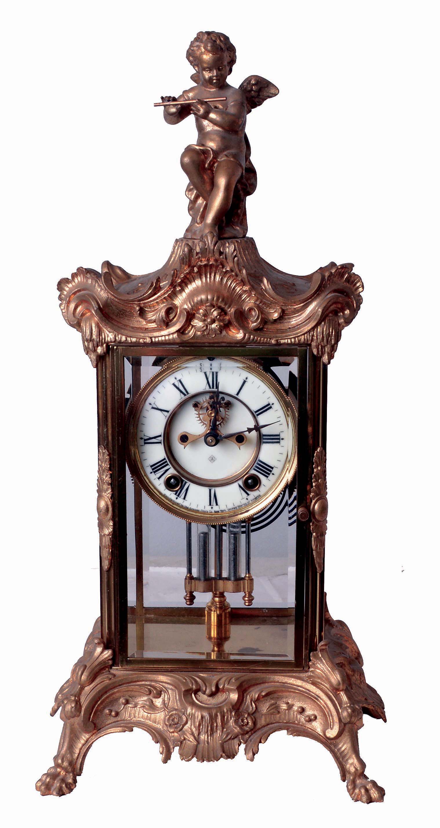 Ansonia Clock Co., New York, NY, "Eulogy", 8 days, time and strike, spring driven brass movement crystal regulator shelf clock, c1905 — Antique Clocks Price Guide