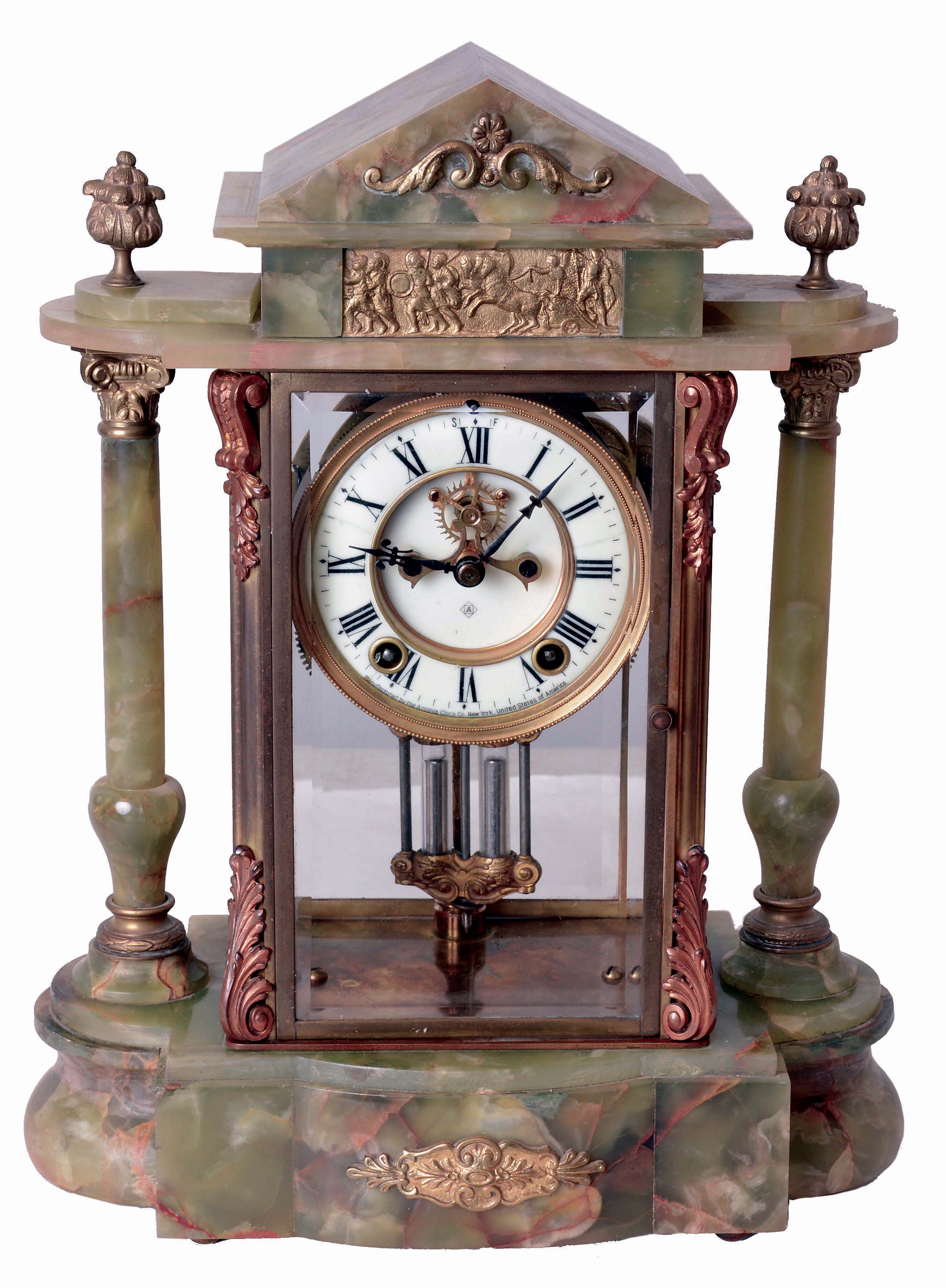 Ansonia Clock Co., New York, NY, "Gonfalon", 8 days, time and strike, spring brass movement brass and green onyx case crystal regulator, c1906 — Antique Clocks Price Guide