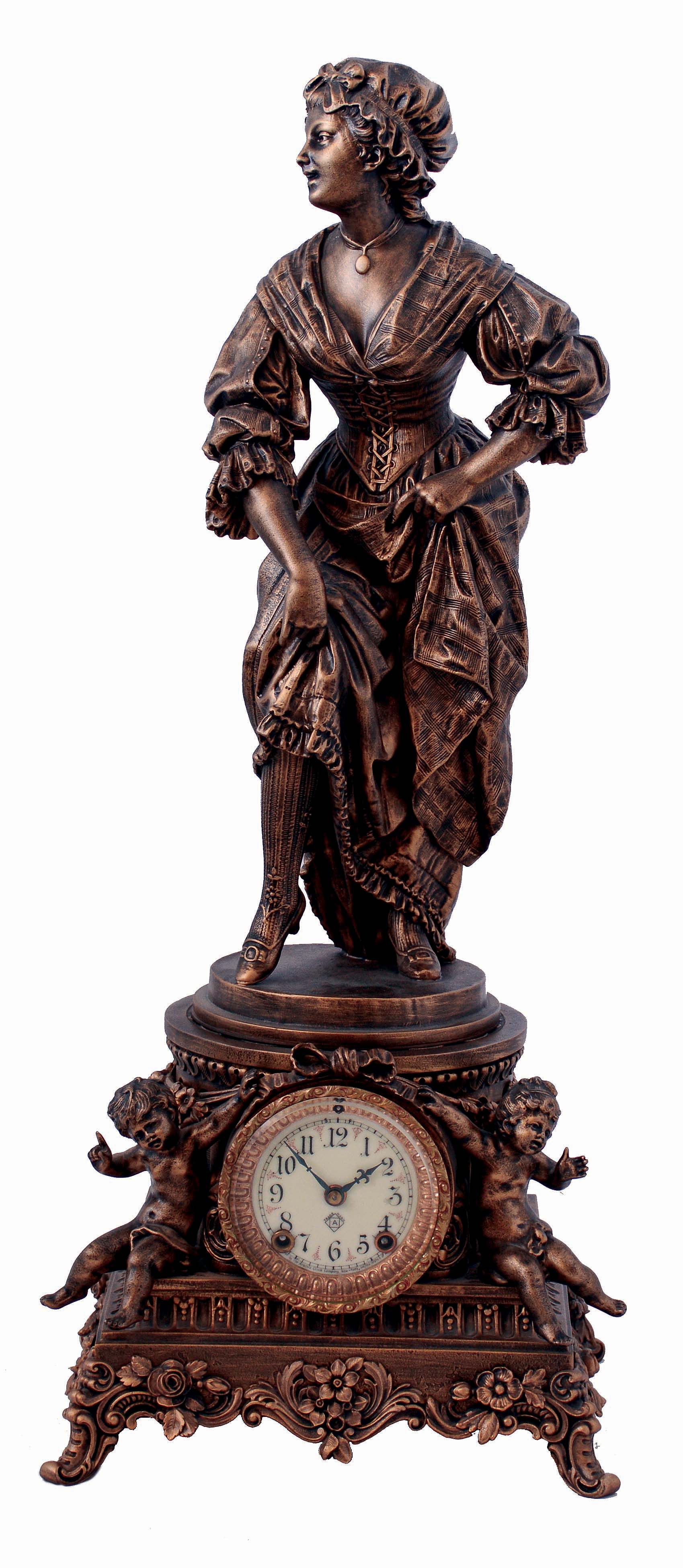 Ansonia Clock Co., New York, NY, "Sibyl" base and "Motion" figure cast bronzed spelter, 8 days, time and strike mantel clock, c1904 — Antique Clocks Price Guide