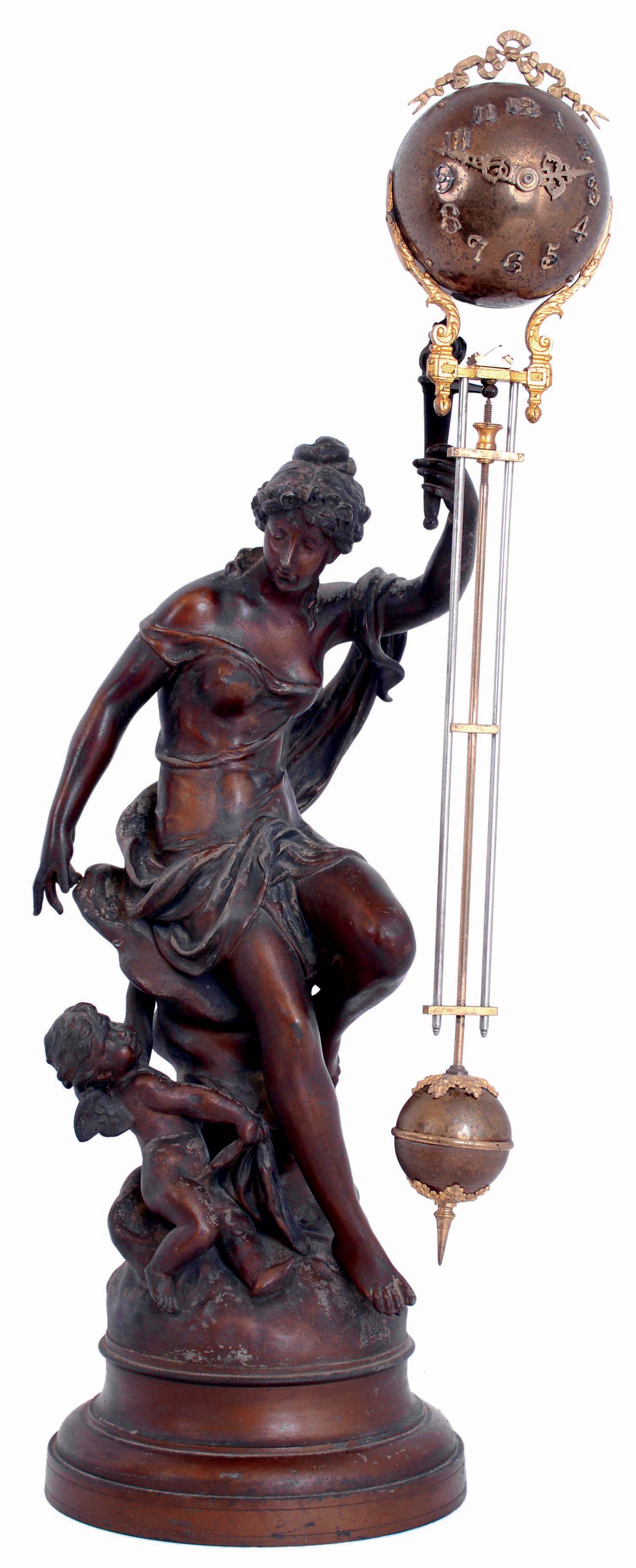 Ansonia Clock Co., New York, NY, "Fortuna Ball Swing" cast spelter, 8 days, time only swinging arm mantel clock, c1906 — Antique Clocks Price Guide