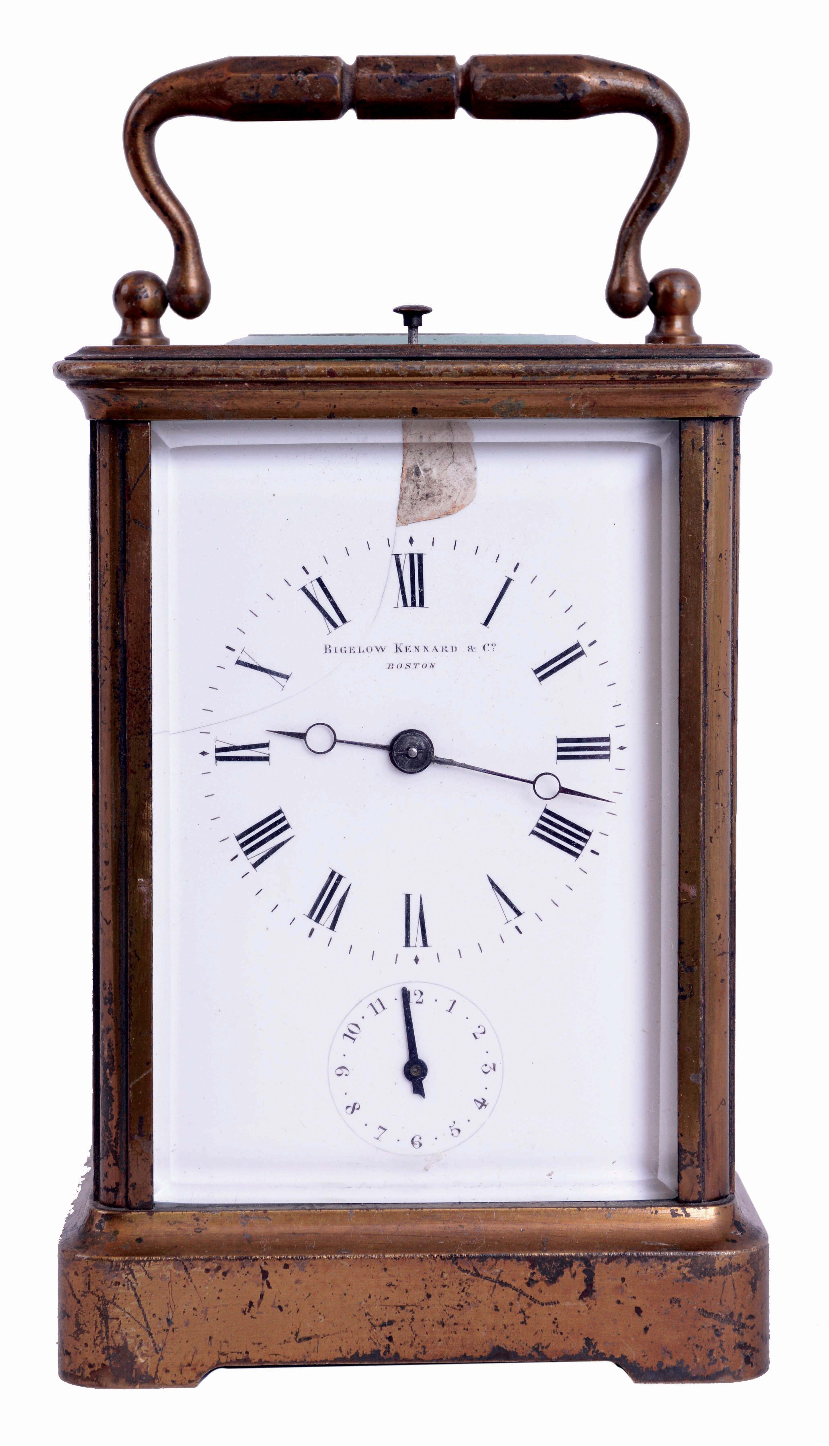 France, for Bigelow, Kennard, &amp; Co., Boston, Mass., hour repeating carriage clock with alarm, gilt Corniche case with bevelled glasses, Roman numeral white enamel dial with with Arabic chapter alarm, blued steel Breguet style hands, 8 days, time, strike and alarm movement with lever platform, repeating the last hour on demand, c1890 and a Waltham 8 days car clock in leather travel case — Antique Clocks Price Guide