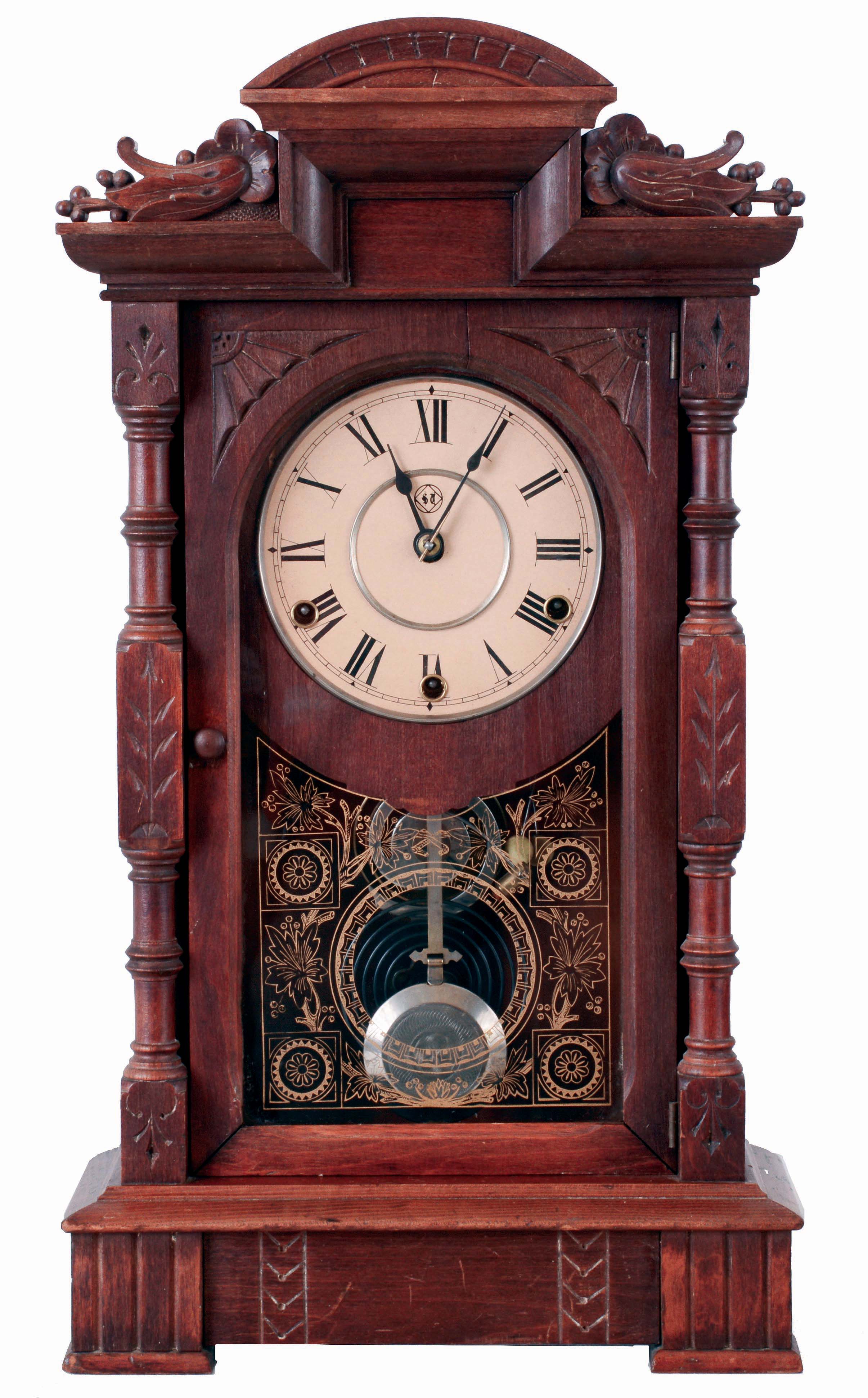Seth Thomas Clock Co., Thomaston, Conn., "Hecla"., 8 days, time, strike and quarter hour chime, spring driven brass movement mantel clock, c1888 — Antique Clocks Price Guide
