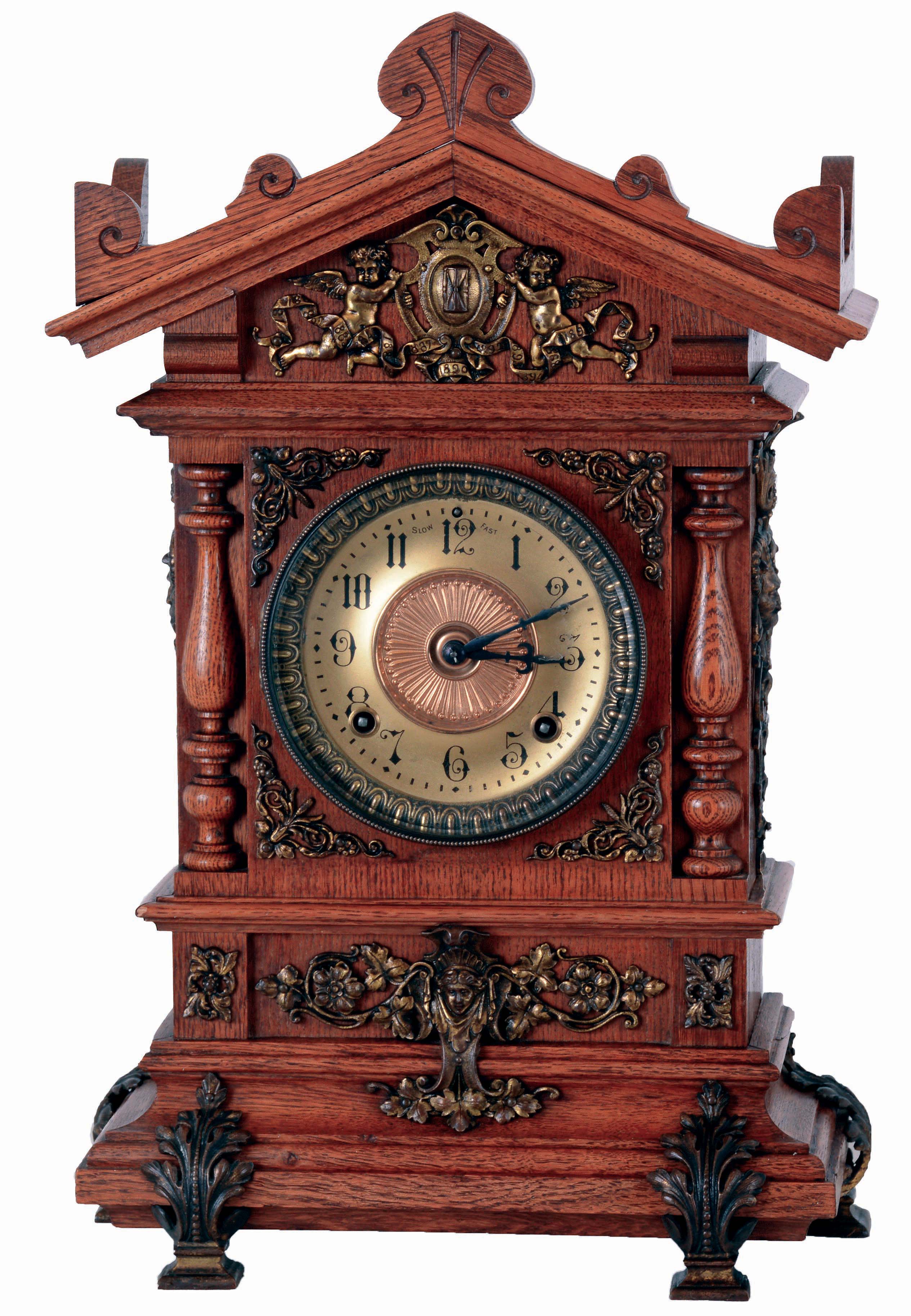 Ansonia Clock Co., New York, NY, "Cabinet C" mantel clock in an oak case with a spring driven, 8 days, time and strike movement, c1894. — Antique Clocks Price Guide