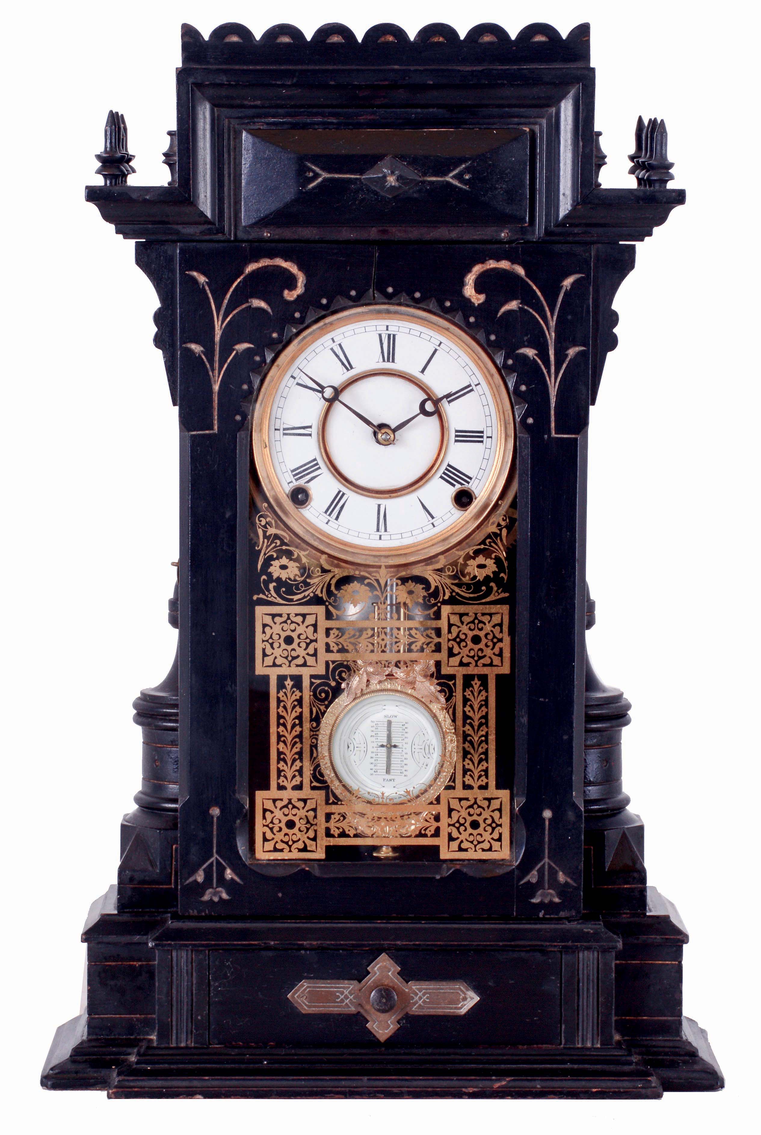 F. Kroeber &amp; Co., New York, NY, "Lehigh" mantel clock, with an ebony finish with gilt inlay and an 8 days, spring driven movement, c1881. — Antique Clocks Price Guide