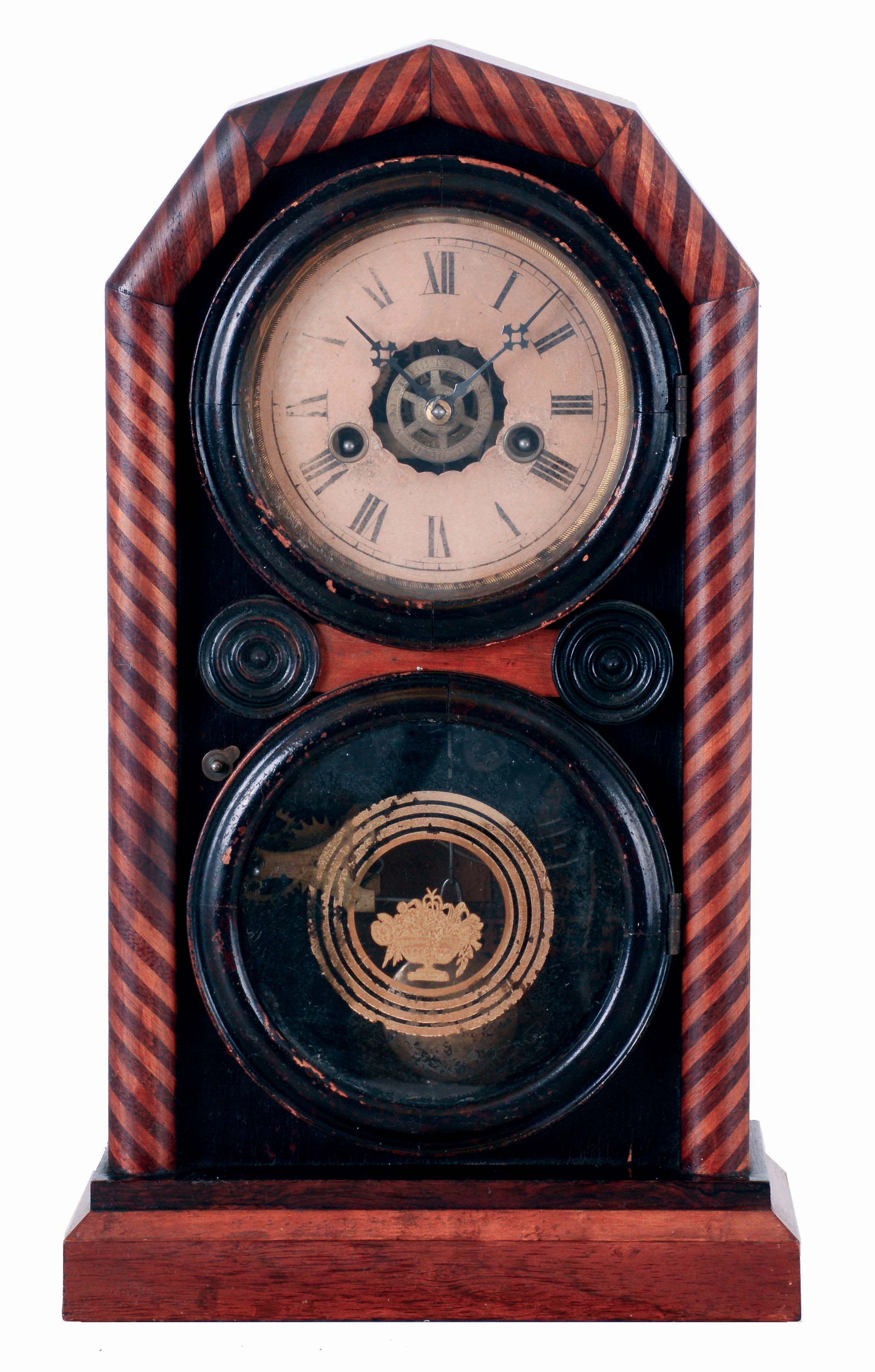 E. Ingraham &amp; Co., Bristol, Conn., "Octagon Doric, Mosaic" mantel clock with a 30 hours, spring driven, time, strike and alarm movement, c1874. — Antique Clocks Price Guide