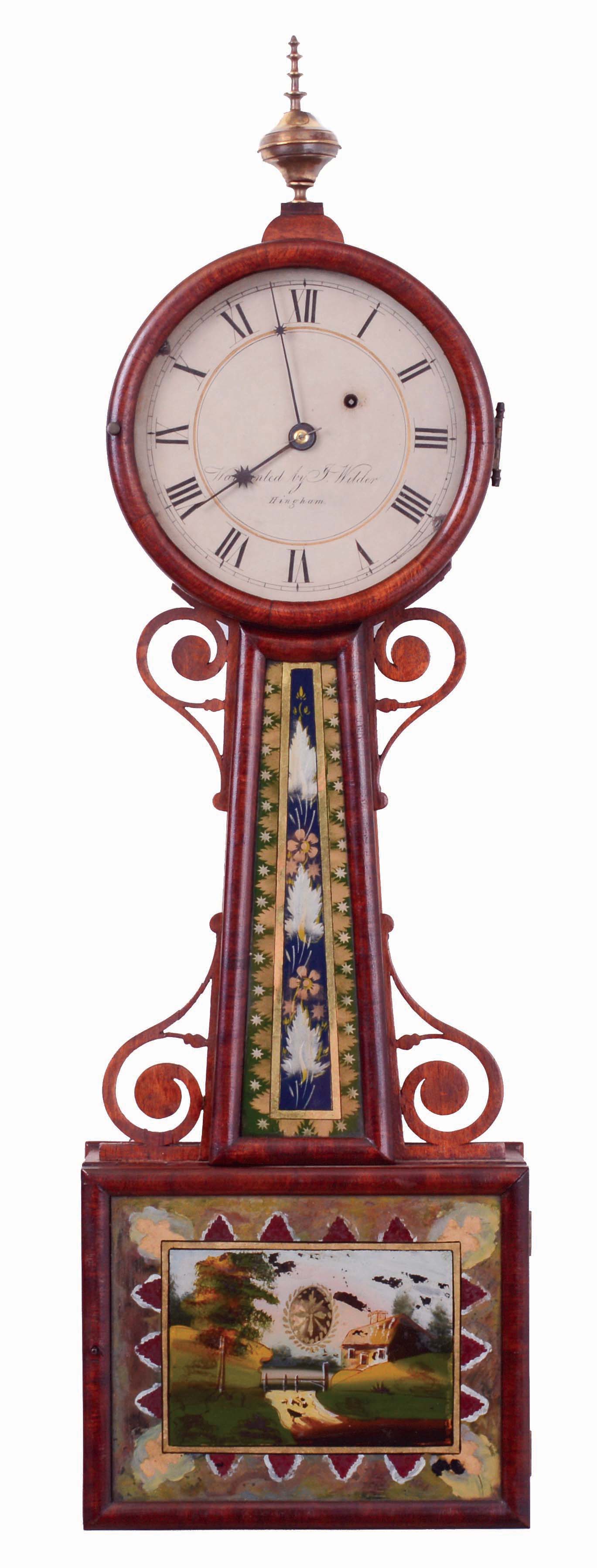 Joshua Wilder, Hingham, Mass., patent timepiece or banjo clock, mahogany case with bullnose molded frames, painted tablets, and four wooden side pieces of unusual form, Roman numeral, white painted iron dial, signed "Warranted by J. Wilder / Hingham", unusual blued steel hands, 8 days, weight driven timepiece movement, weight baffle with watch paper of J. Wilder, c1830 — Antique Clocks Price Guide