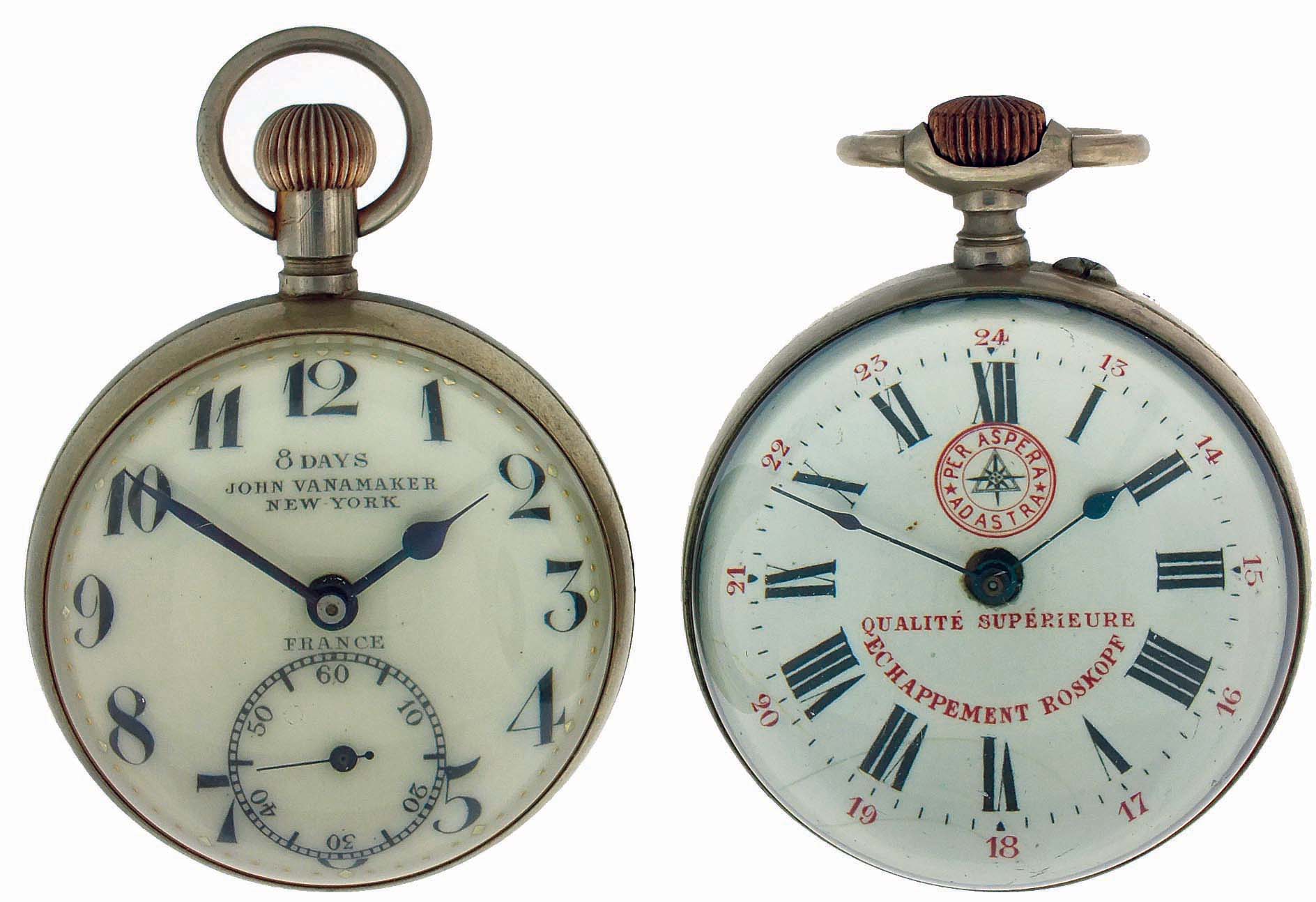 Clocks- 2 (Two): Paperweight clocks, (1) French made for John Wanamaker, New York, 8 days, stem wind and set timepiece movement, nickel case fitted with spherical glasses, Arabic numeral white enamel dial, 66mm diameter; (2) Swiss, 8 days, stem wind and pin set timepiece movement, nickel case fitted with spherical glasses, Roman numeral white enamel dial marked "Qualite Superieure Echappement Roskopf", 67 mm diameter, both c1900 — Antique Clocks Price Guide