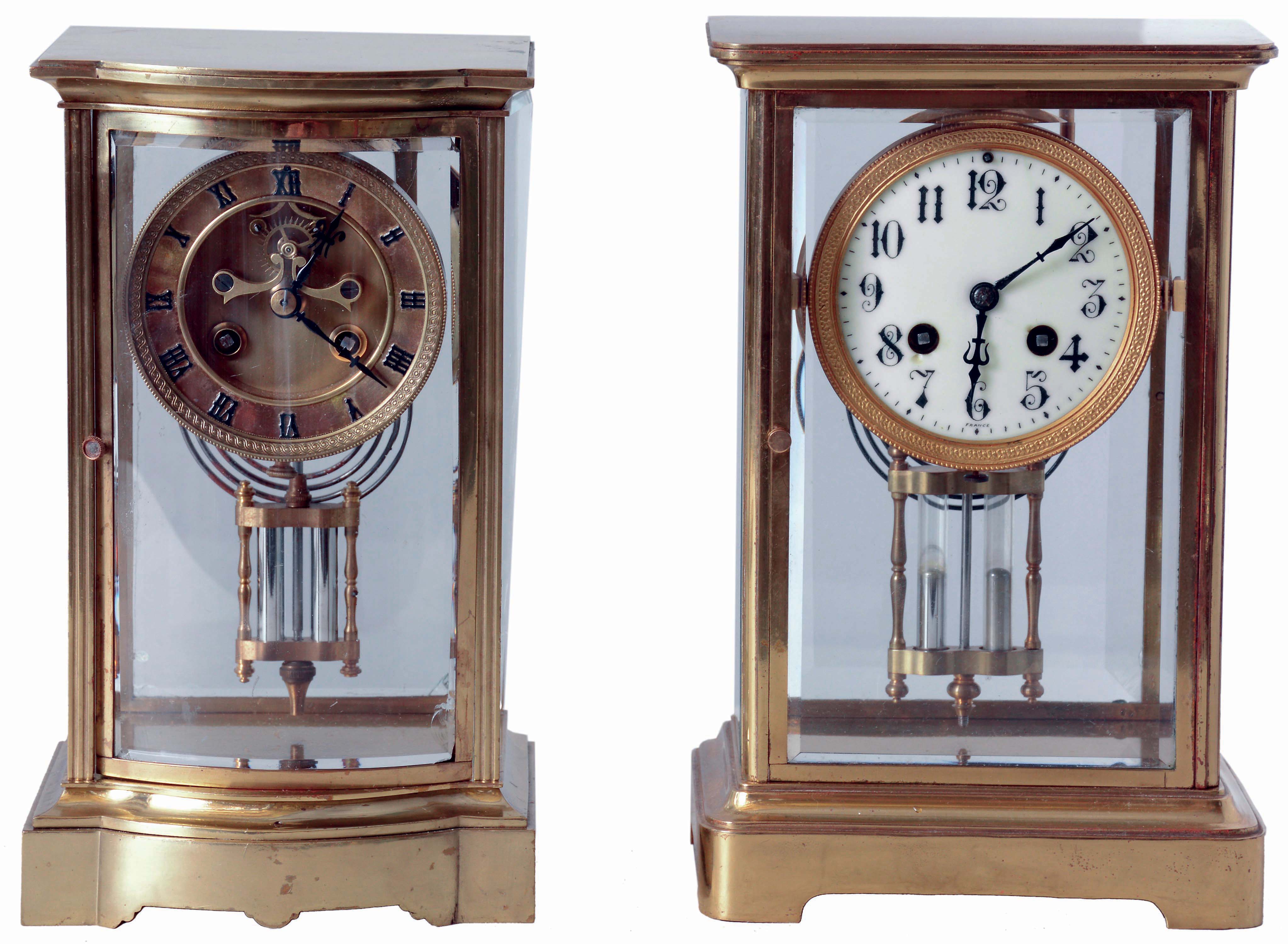 Clocks- 2 (Two): French, Japy Freres, 8 days, time and strike, spring driven brass movement crystal regulator mantel clock. (2) French, Marti &amp; Cie, 8 days, time and strike, spring driven brass movement crystal regulator mantel clock. — Antique Clocks Price Guide