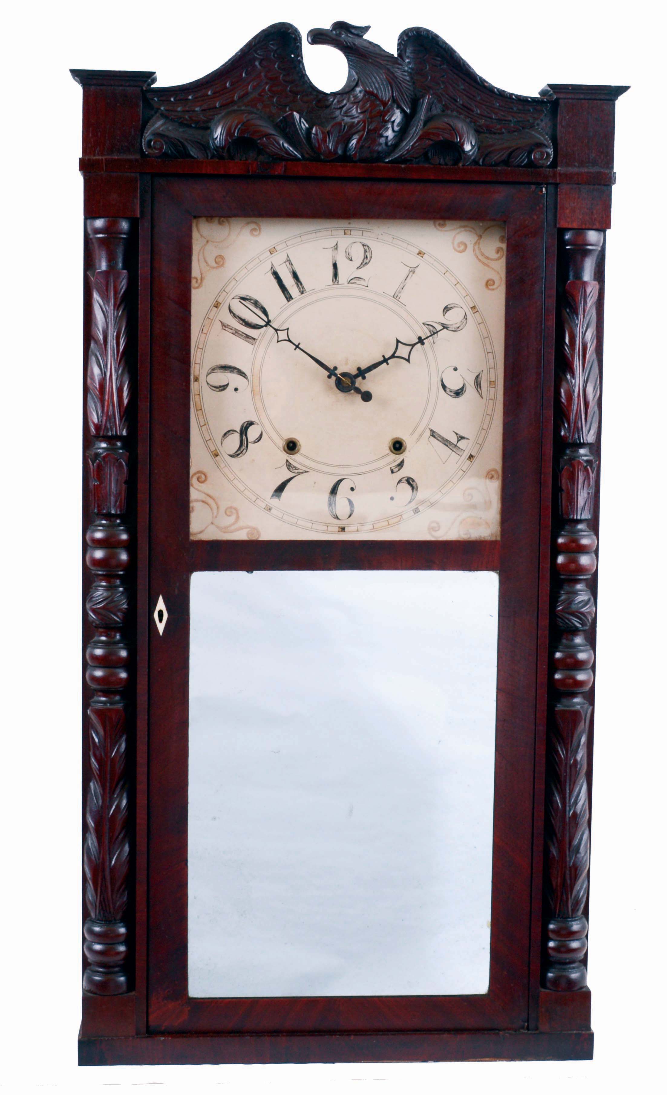 Riley Whiting, Winchester, Conn., carved column and splat shelf clock in a mahogany veneered case with a weight driven, 30 hours, time and strike wood movement, c1830. — Antique Clocks Price Guide