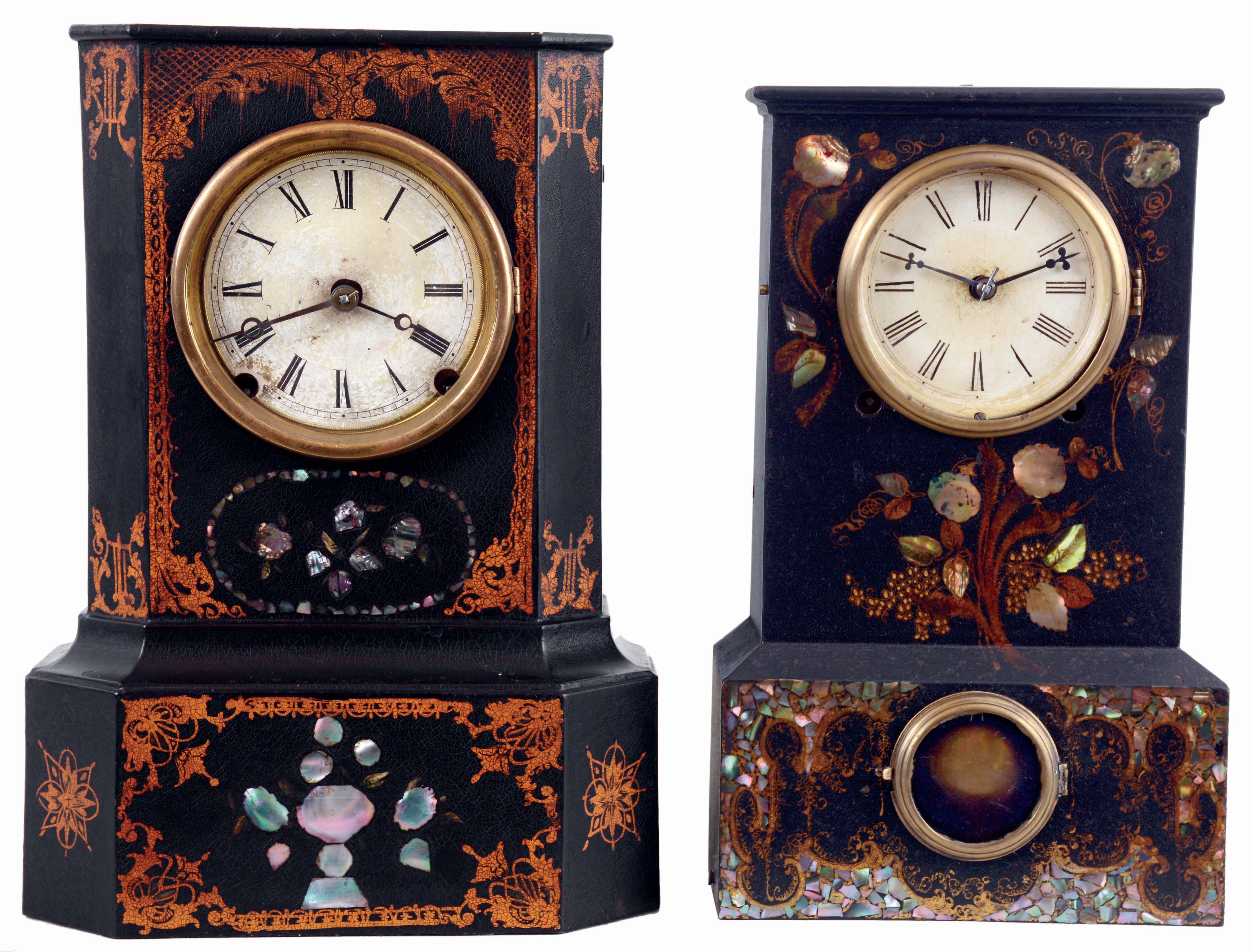 Clocks- 2 (Two): (1) New England Clock Co., Bristol, Conn., iron case mantel clock with gilt design and mother of pearl inlay with a spring driven, 8 days, time and strike movement, c1851. (2) Terry &amp; Andrews, Ansonia Conn., iron case mantel clock with gilt and mother of pearl design and a spring driven, 8 days, time and strike, lyre movement, c1851. — Antique Clocks Price Guide