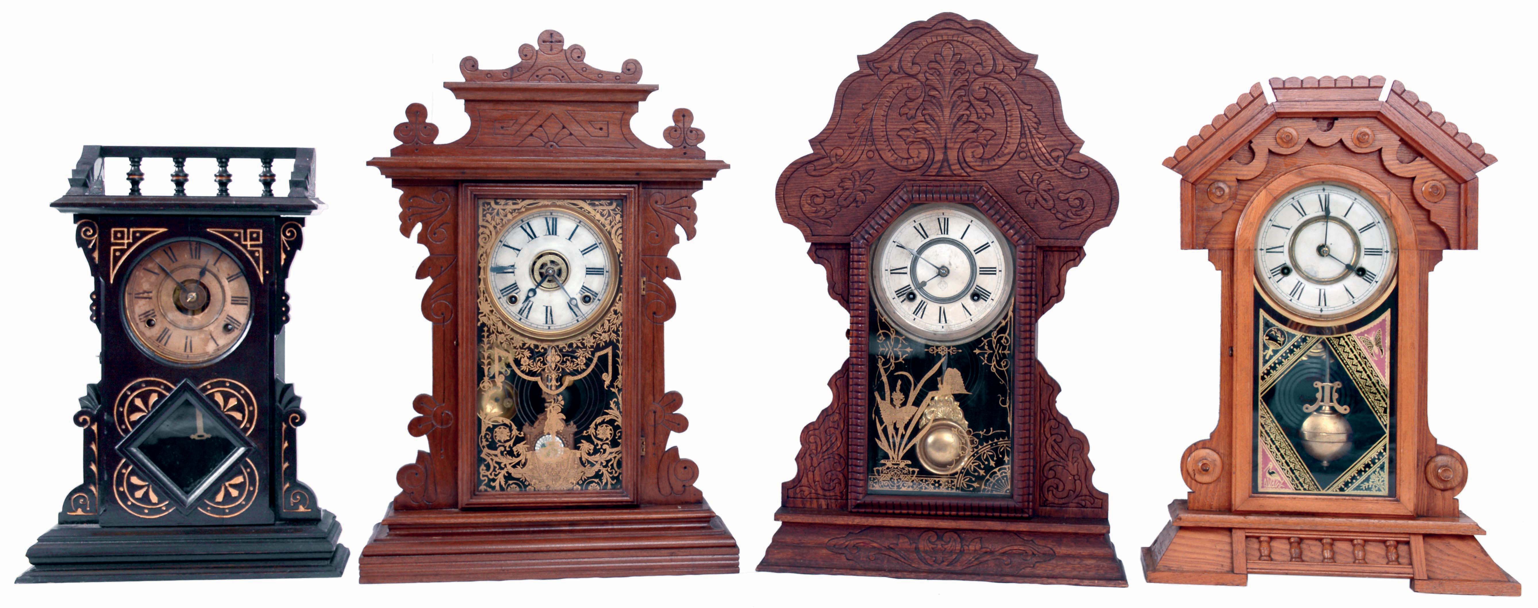 Clocks- 4 (Four): (1) Ansonia Clock Co., New York, NY, 8 days, time and strike, spring driven brass movement shelf clock. (2) New Haven Clock Co., New Haven, Conn., "Osage", 8 days, time and strike, spring driven brass movement shelf clock. (3) E. N. Welch Mfg. Co., Forestville, Conn., "Beacon", 8 days, time, strike and alarm spring driven brass movement shelf clock. (4) F. Kroeber, New York, NY, "Portsmouth", 8 days, time, strike and alarm spring driven brass movement shelf clock, all late 19th century, early 20th century. — Antique Clocks Price Guide