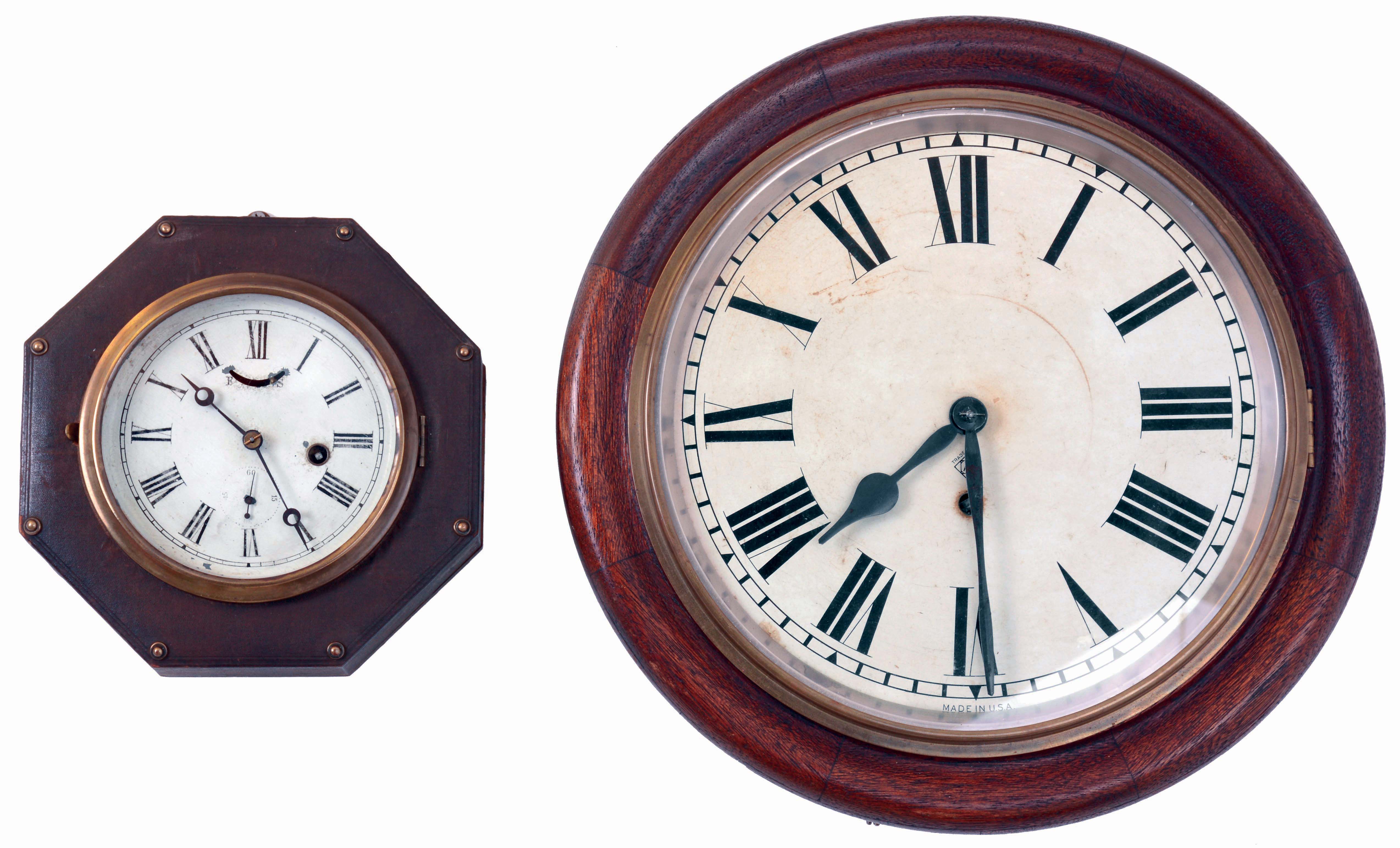 Clocks- 2 (Two): S. B. Jerome &amp; Co., New Haven, Conn., 30 hours spring driven brass lever movement octagon wall timepiece, c1875. (2) Ansonia Clock Co., Ansonia, Conn., 8 days spring driven brass movement gallery timepiece, c1900. — Antique Clocks Price Guide