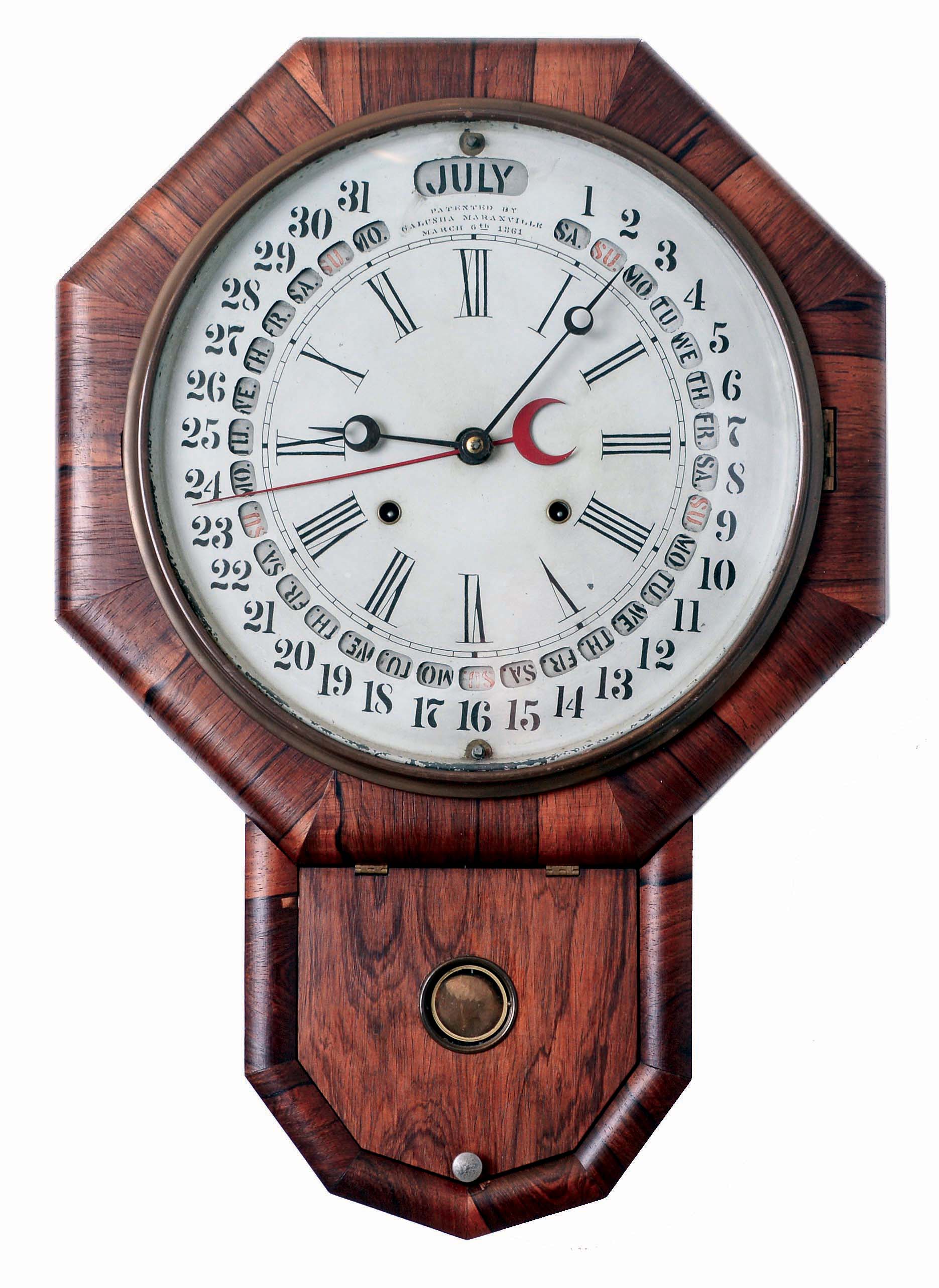 Gilbert Manufacturing Co., Winsted, Conn., "Maranville Calendar Clock " 8 days, time and strike spring driven brass movement drop octagon calendar wall clock, c1865 Label states the clock was made for N. C. Hyde &amp; Co., by Gilbert. — Antique Clocks Price Guide