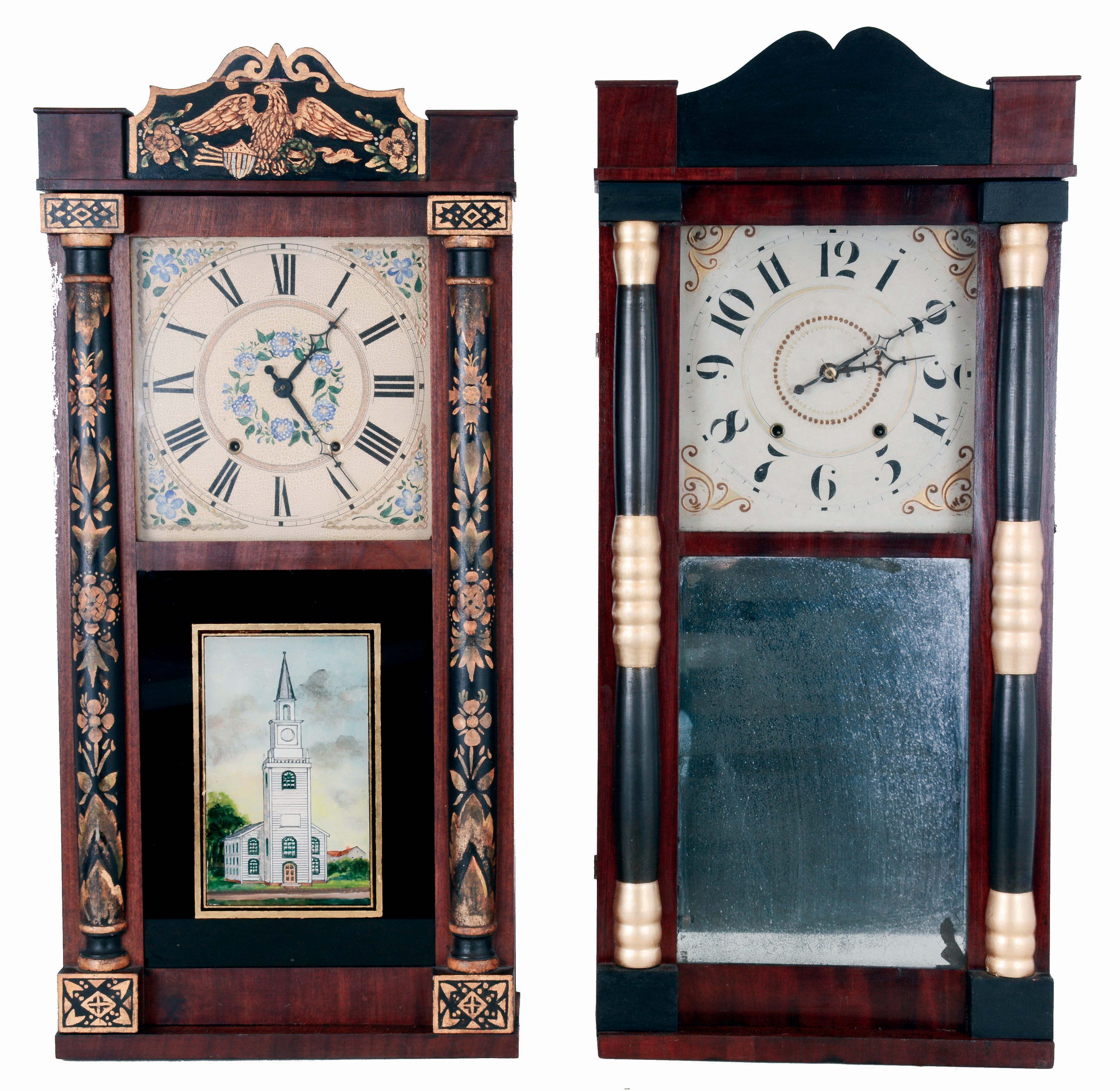 Clocks- 2 (Two) American: (1) Seth Thomas, 30 hours, time and strike, weight driven wood movement half column &amp; splat shelf clock, c1830. (2) Burr &amp; Chittenden, 30 hours, time and strike, weight driven wood movement half column &amp; splat shelf clock, c1835. — Antique Clocks Price Guide