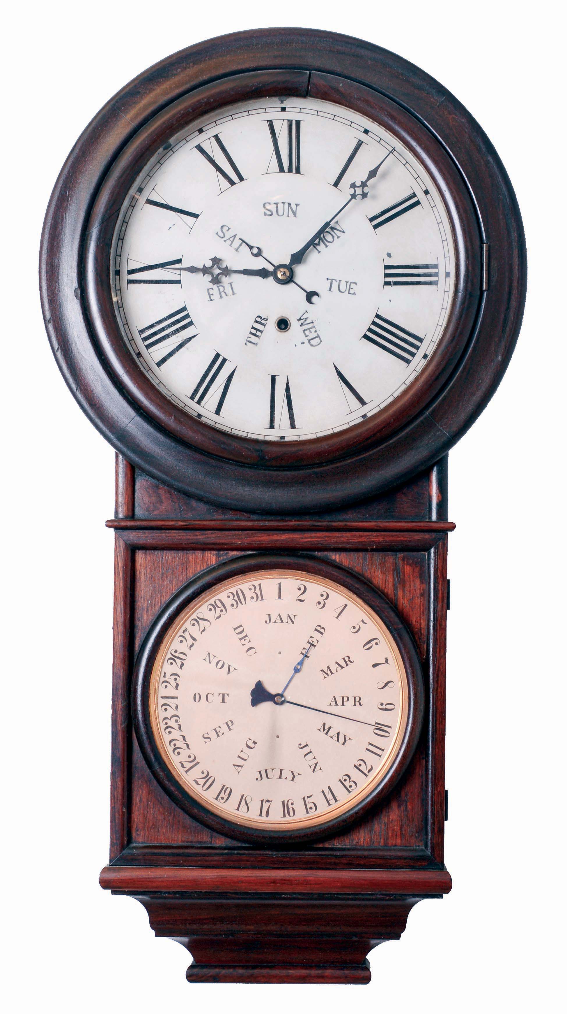 Welch, Spring &amp; Co., Forestville, Conn., "Round Head Regulator No. 4", 8 days, spring driven brass movement, B. B. Lewis double dial calendar wall timepiece, c1878 — Antique Clocks Price Guide