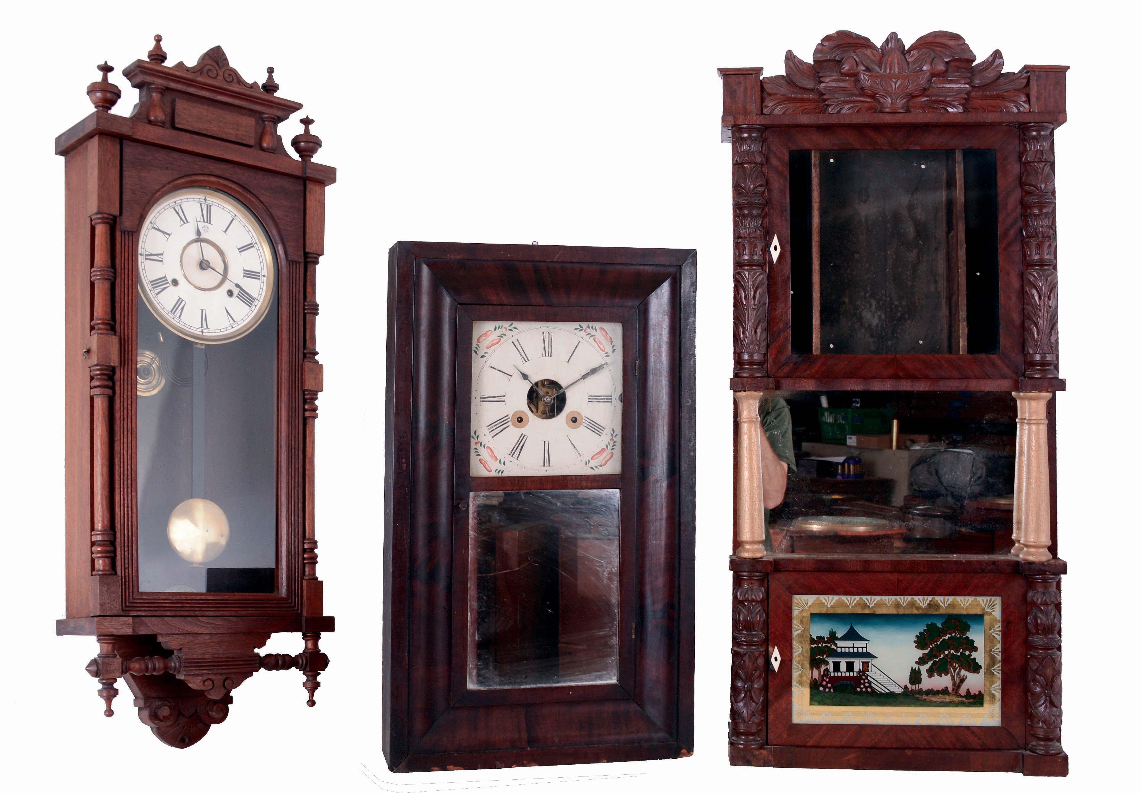 Clocks- 3 (Three): (1) Ansonia Clock Co., New York, NY, "Queen Elizabeth" wall clock in a walnut case with a spring driven, 8 days, time and strike movement, c1901. (2) Chauncey Boardman, Bristol, Conn. OG shelf clock in a mahogany case c1850 with a later Waterbury Clock Co spring driven, 8 days, time and strike movement. (3) Atkins &amp; Downs for G. Mitchell and R. Atkins, Bristol, Ct., 8 days, wood movement triple decker (case only) with carved column, splat and paw feet, c1832. — Antique Clocks Price Guide