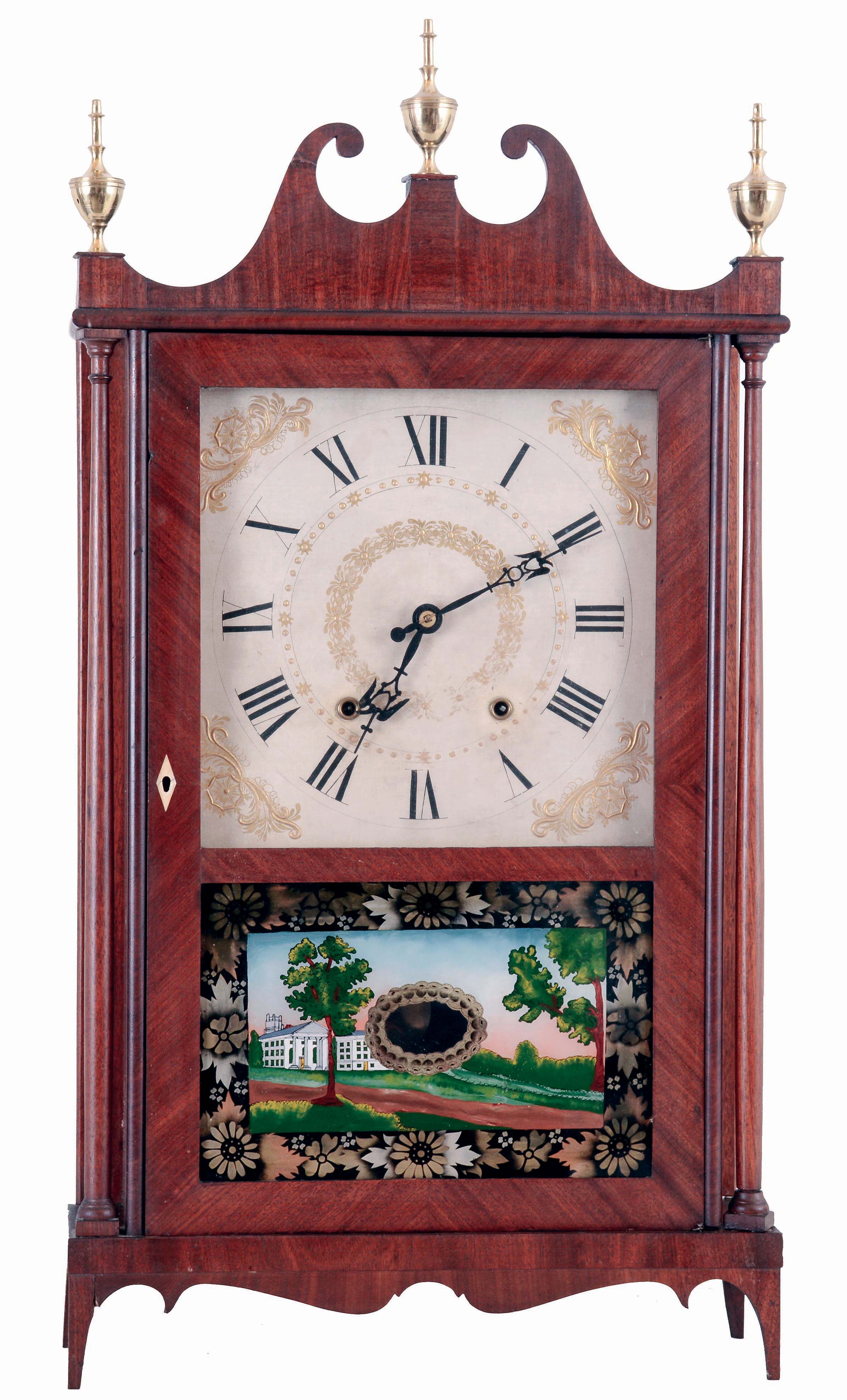 Ephraim Downs, Bristol, Conn.; 30 hours, time and strike, weight driven wood movement Pillar &amp; Scroll shelf clock, c1825 — Antique Clocks Price Guide
