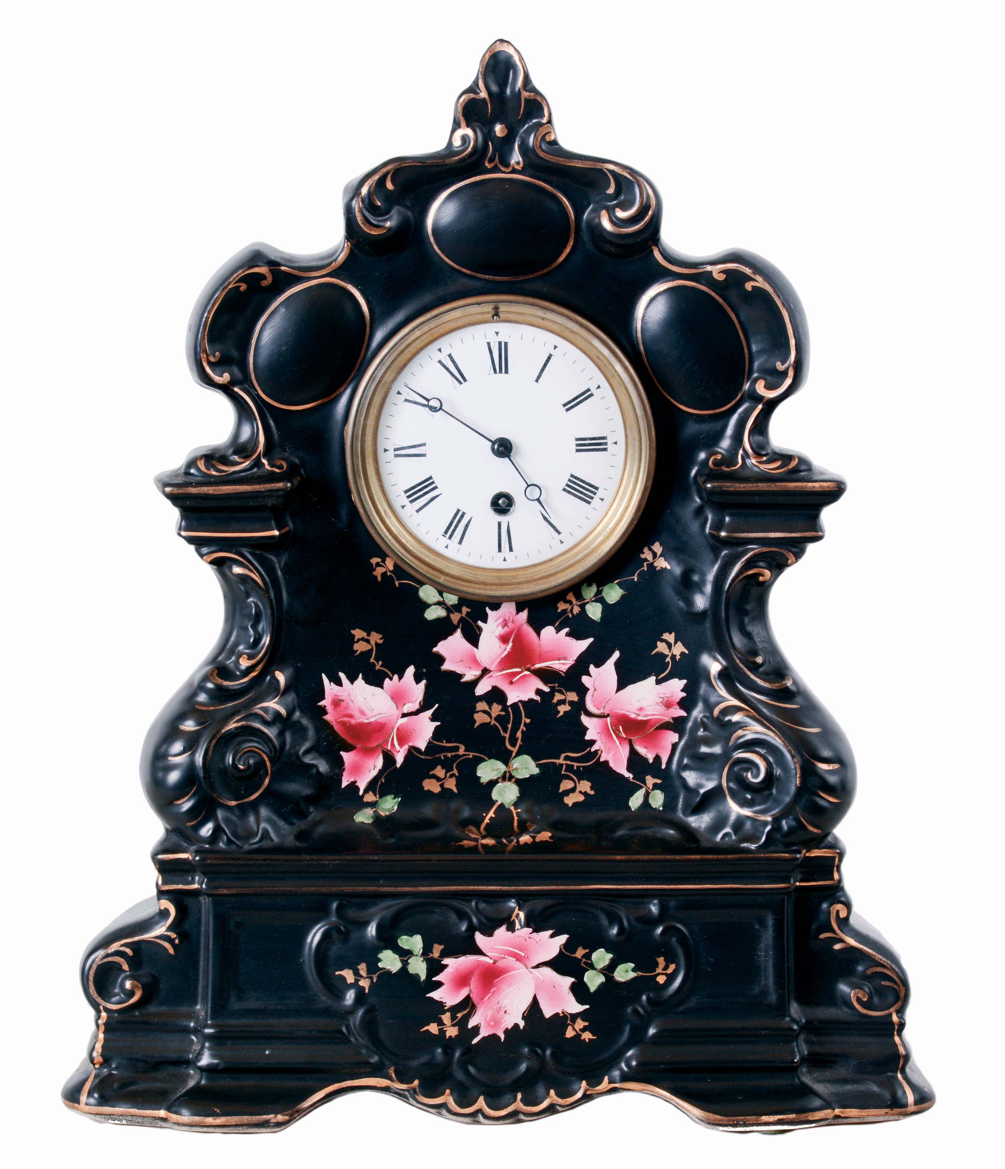 French, 8 days, spring brass movement porcelain shelf timepiece, c1900 — Antique Clocks Price Guide