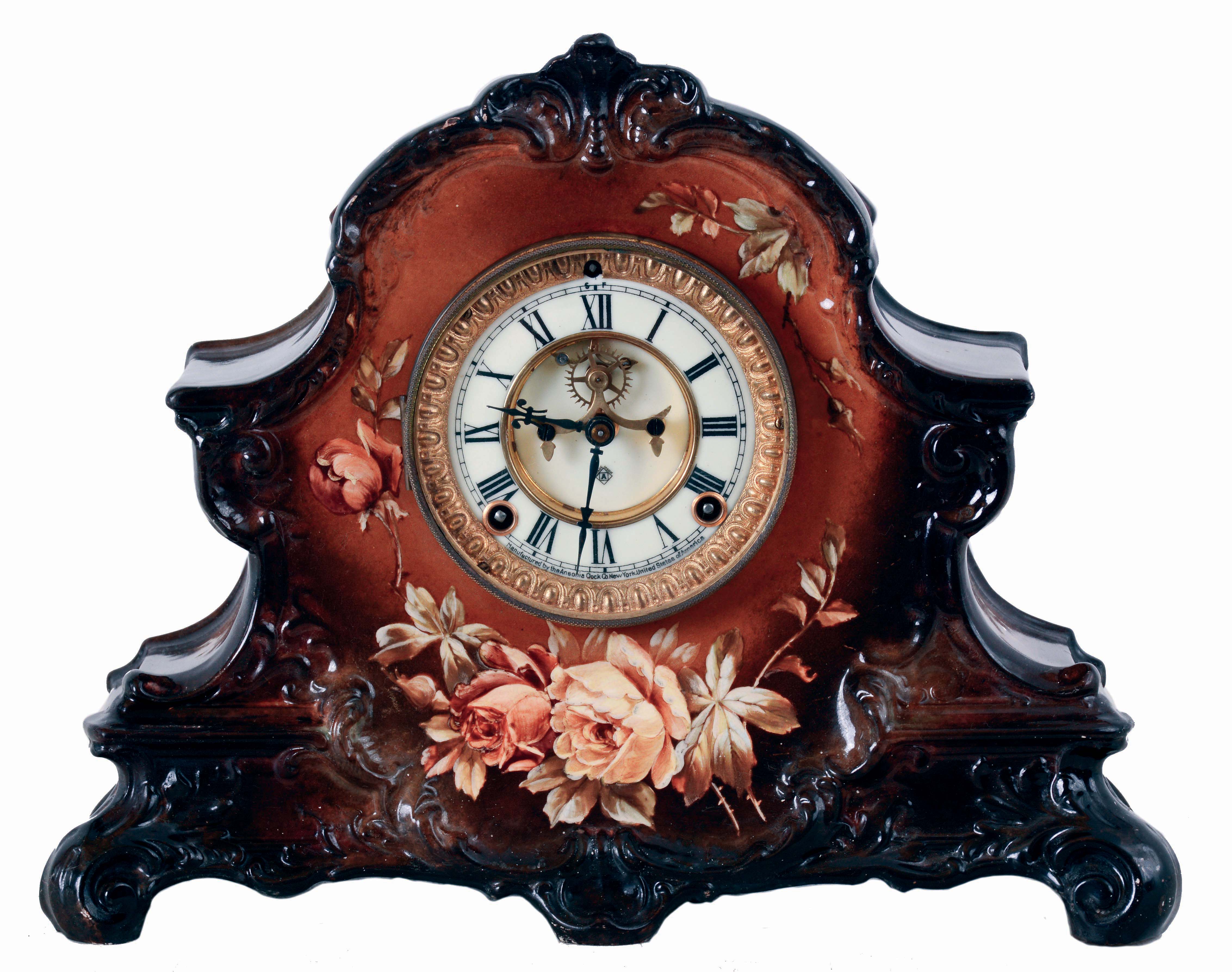 Ansonia Clock Co., New York, NY, "La Nord", 8 days, time and strike, spring driven brass movement Royal Bonn porcelain case mantel clock with visible escapement, c1904 — Antique Clocks Price Guide