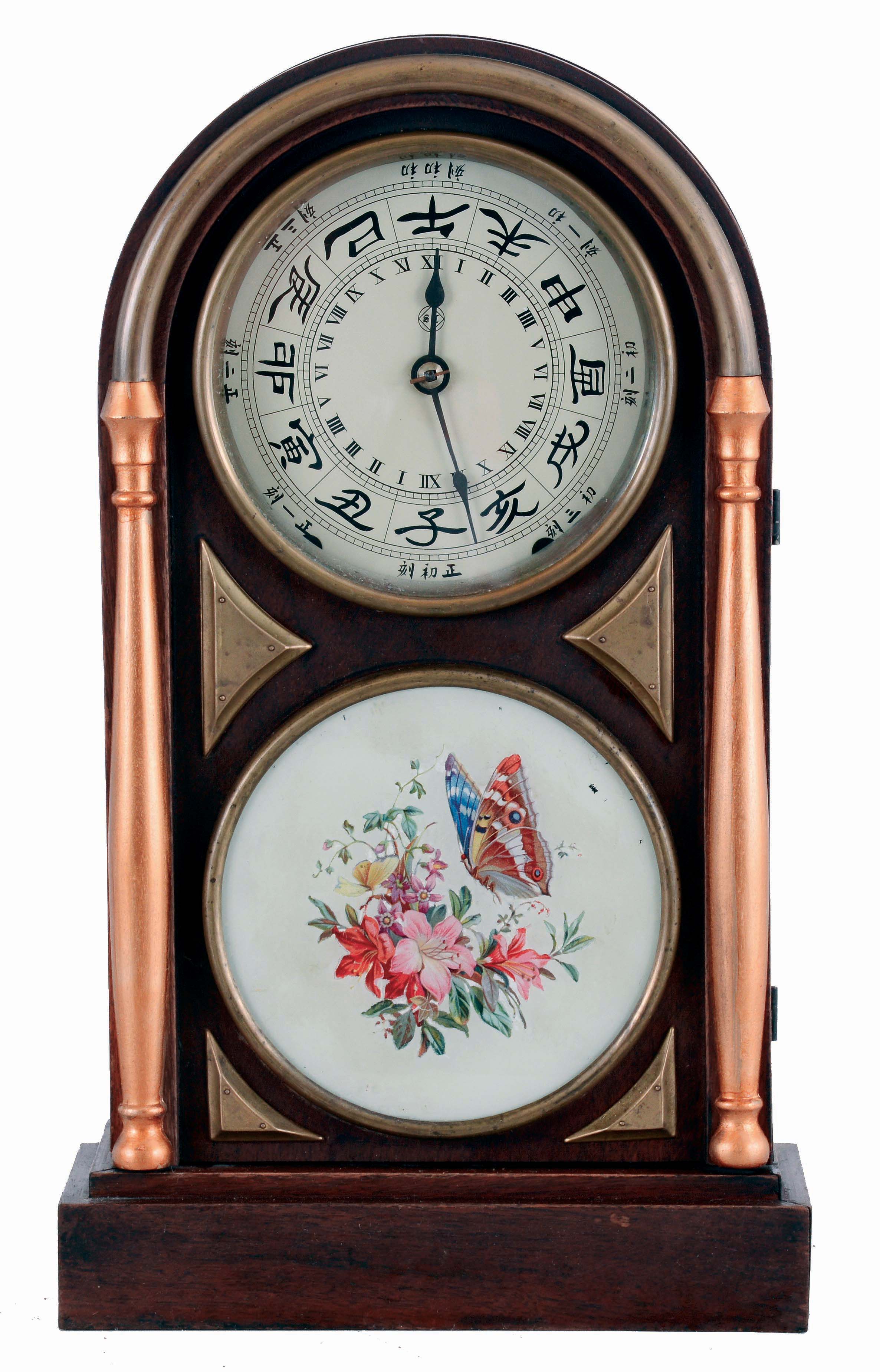 Seth Thomas Clock Co., Thomaston, Conn., "Chicago" mahogany shelf clock with 8 days, time and strike movement made for the Asian market, c1900. — Antique Clocks Price Guide