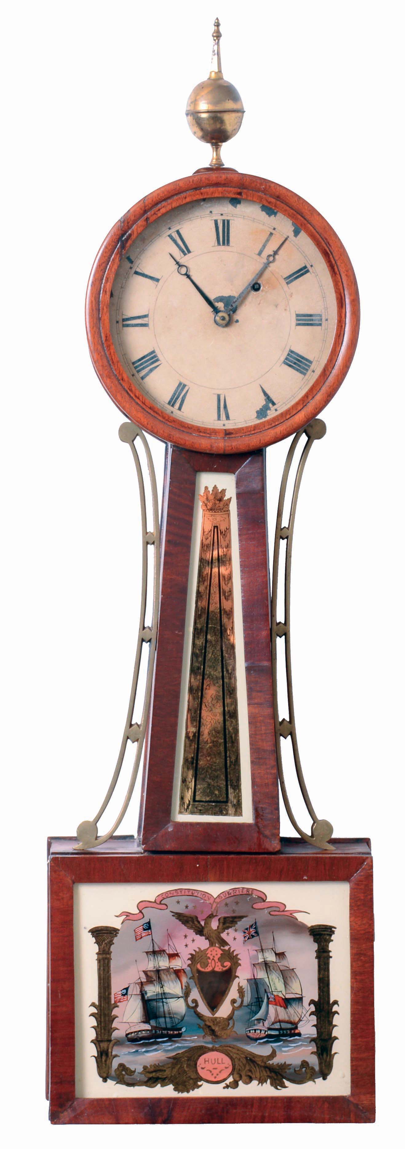 Attributed to Job Wilbour, Newport, Rhode Island, 8 days, weight brass movement "banjo" timepiece with Newport-style "A" Frame movement, c1840. — Antique Clocks Price Guide