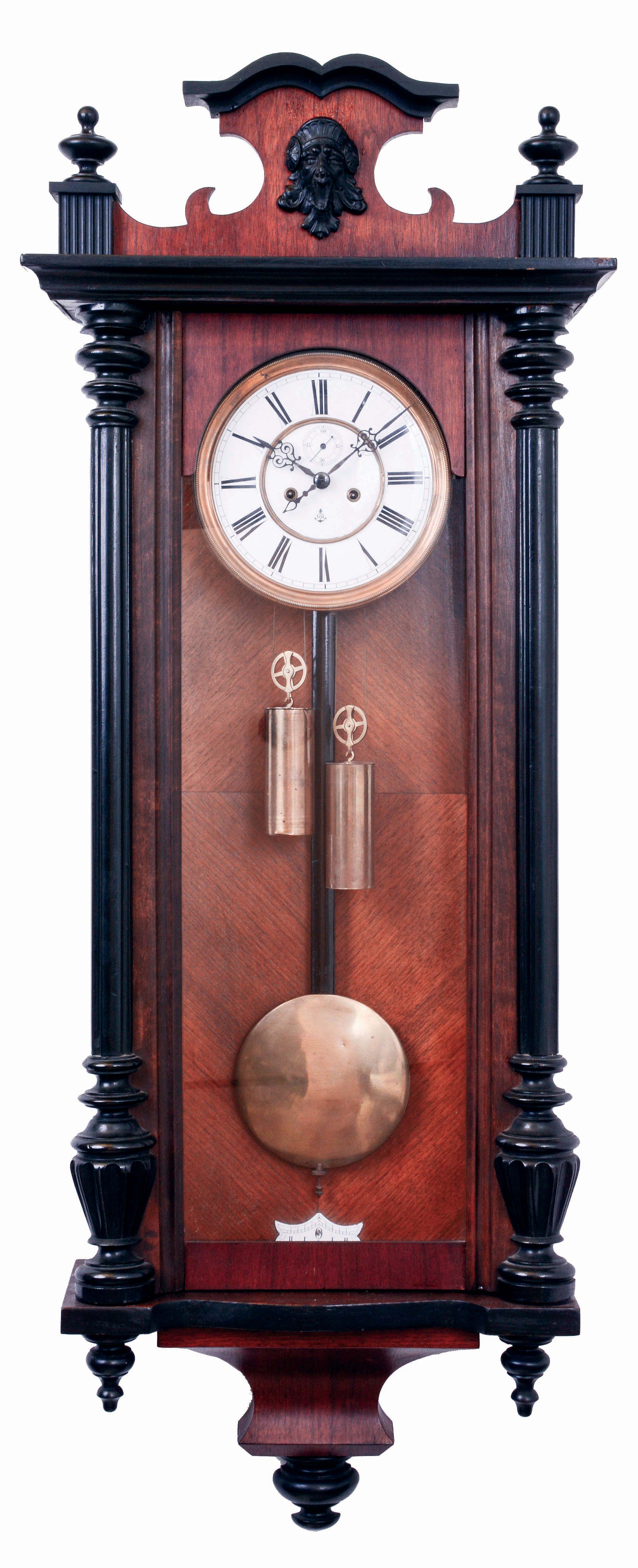 German, Gustav Becker, "Vienna Regulator" 2 weight, gong striking wall clock in a walnut veneer case with black finials and accents, c1890 — Antique Clocks Price Guide
