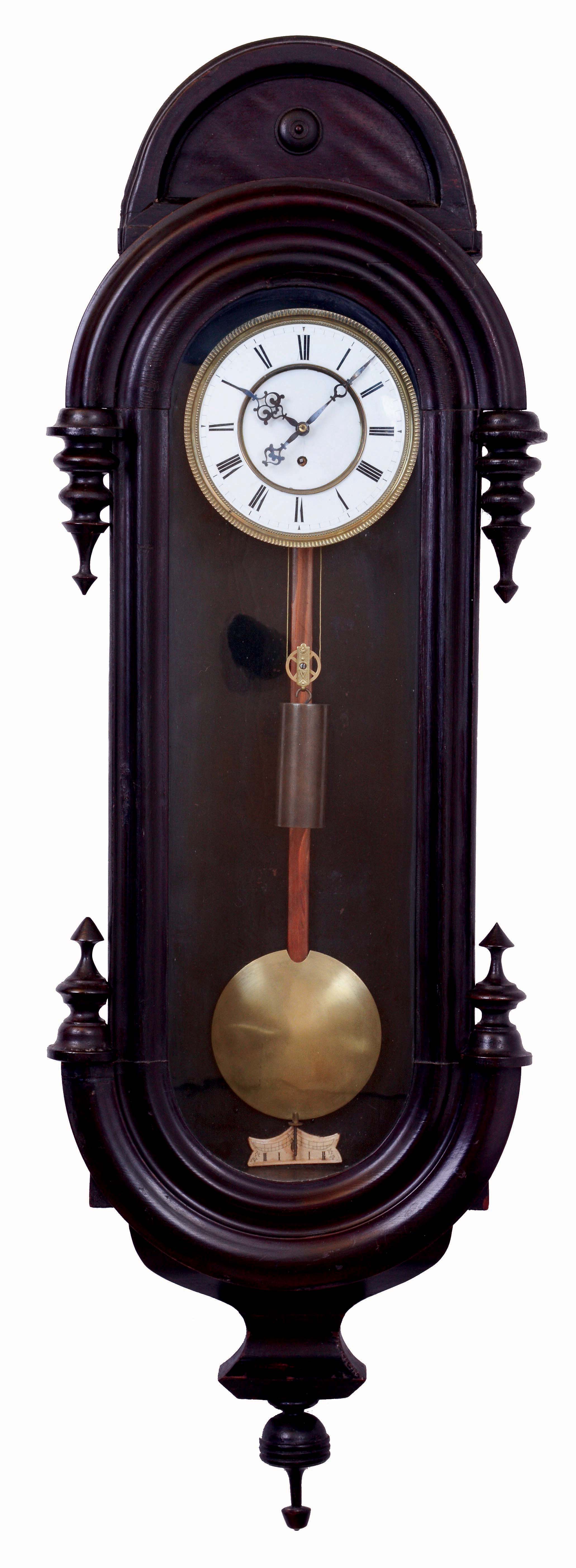Austria, single weight "Vienna Regulator" Round top case, porcelain dial with embossed bezel, smooth faced pendulum and weight, c1870 — Antique Clocks Price Guide