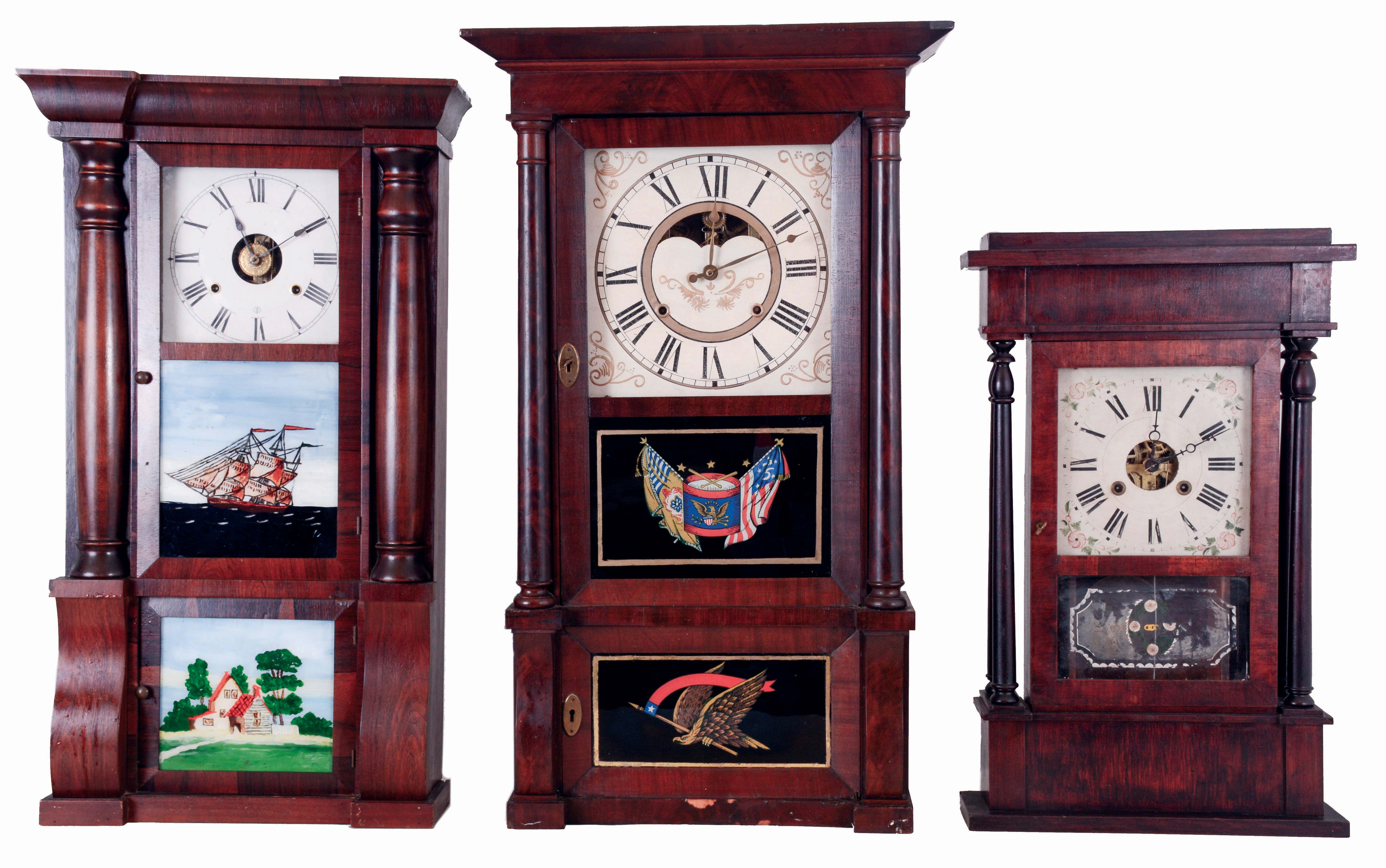 Clocks- 3 (Three) American: (1) Seth Thomas, 8 days, time and strike, with detached alarm, weight driven brass movement Column &amp; Cornice shelf clock, c1875. (2) William S. Johnson? (or other New York City retailer), 30 hours, time and strike, weight driven brass movement 4-column shelf clock, c1845. (3) Birge, Mallory &amp; Co., 8 days, time and strike, weight driven strap brass movement, Column &amp; Cornice shelf clock, c1845. — Antique Clocks Price Guide