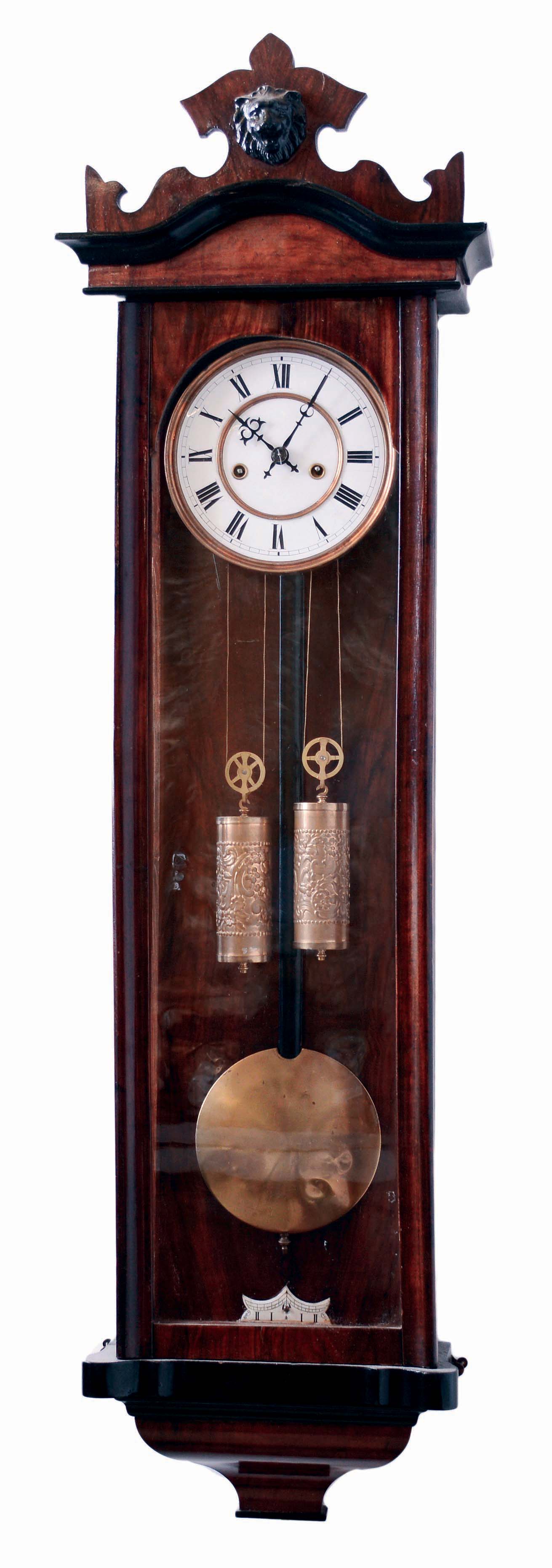Clocks- 2 (Two) Vienna regulator, 8 days, weight driven wall clocks: one, time and strike, in stained wood case and with Connecticut-style movement; other is Berlin, Germany, one-weight with alabaster dial and seconds indicator; c1890 — Antique Clocks Price Guide